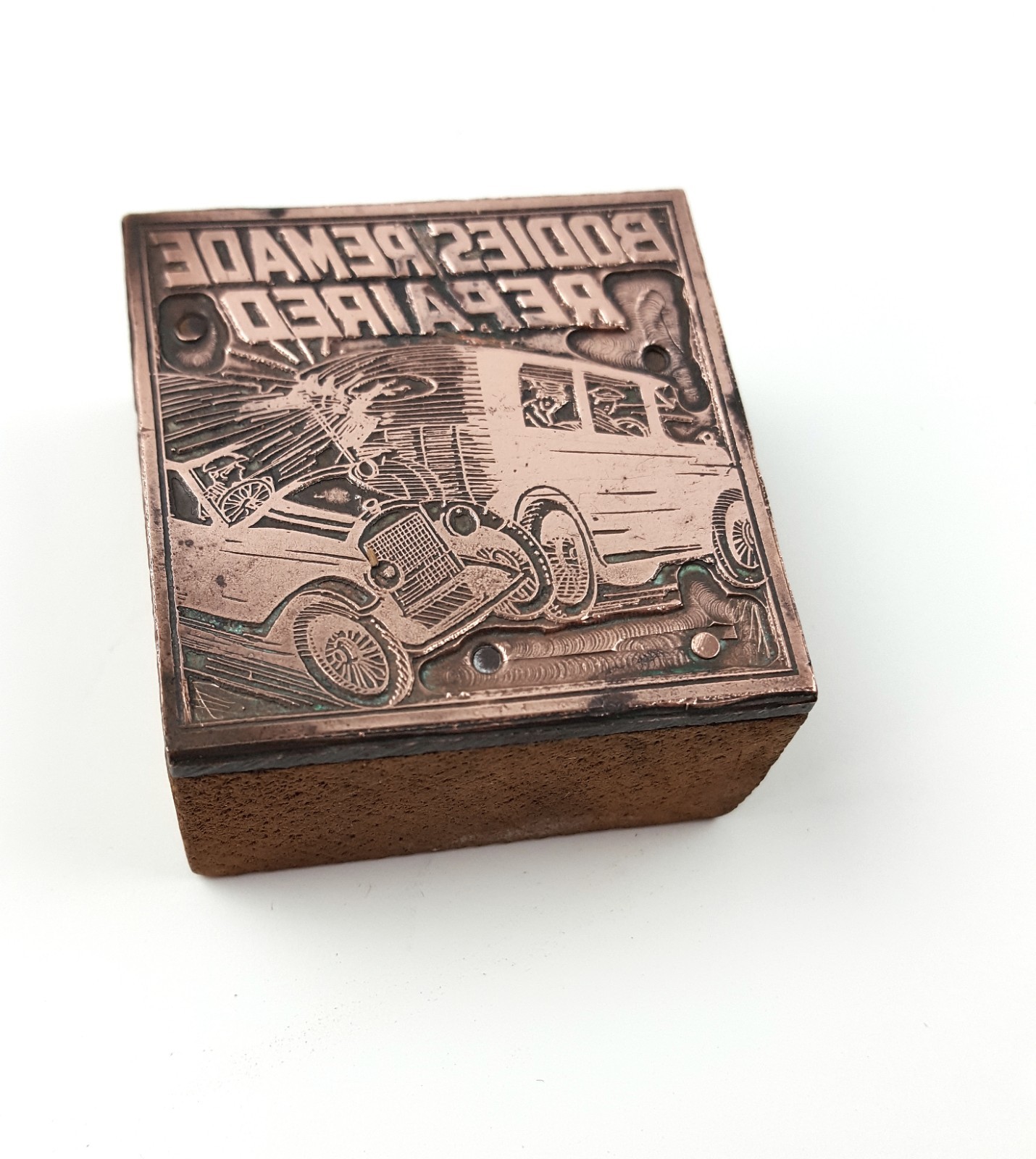 Vintage Copper & Wood Print Block Letterpress Car Crash Bodies Repaired