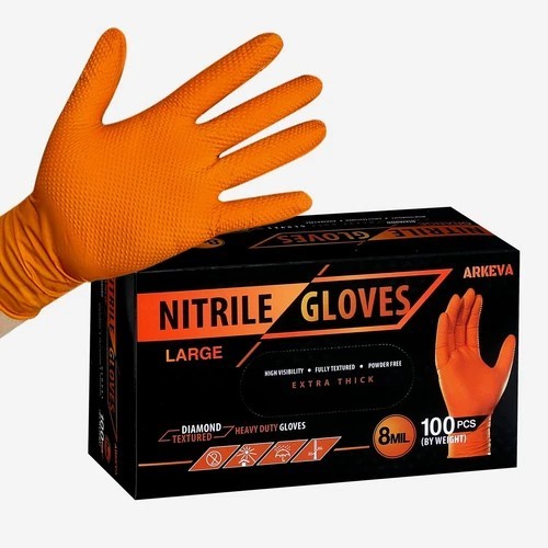 Black/Orange Nitrile Rubber Gloves 8-10 Mil Raised Diamond Texture 100 per box