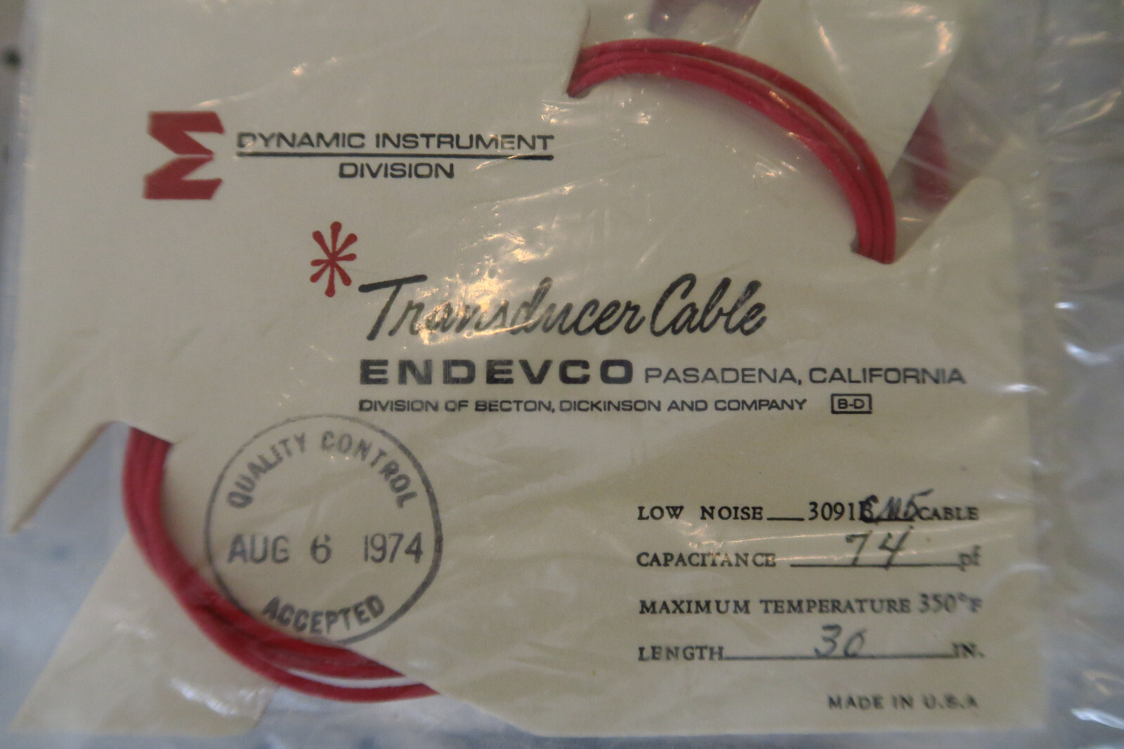 Endevco 3091C 30 Inch Low Noise Cable Assembly Wire 2.5ft 350F