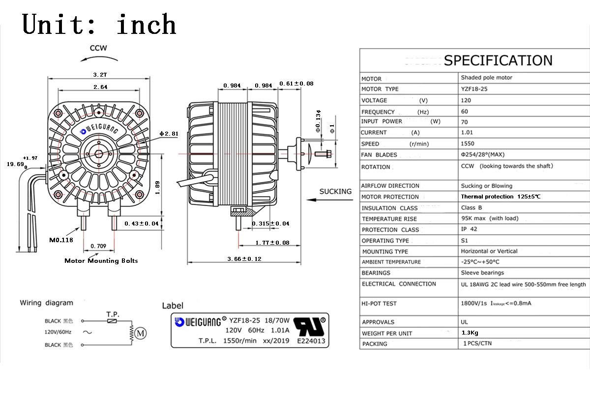 YZF18-25 AC Fan Motor 120V 60Hz 18W for Ventilation & Refrigeration