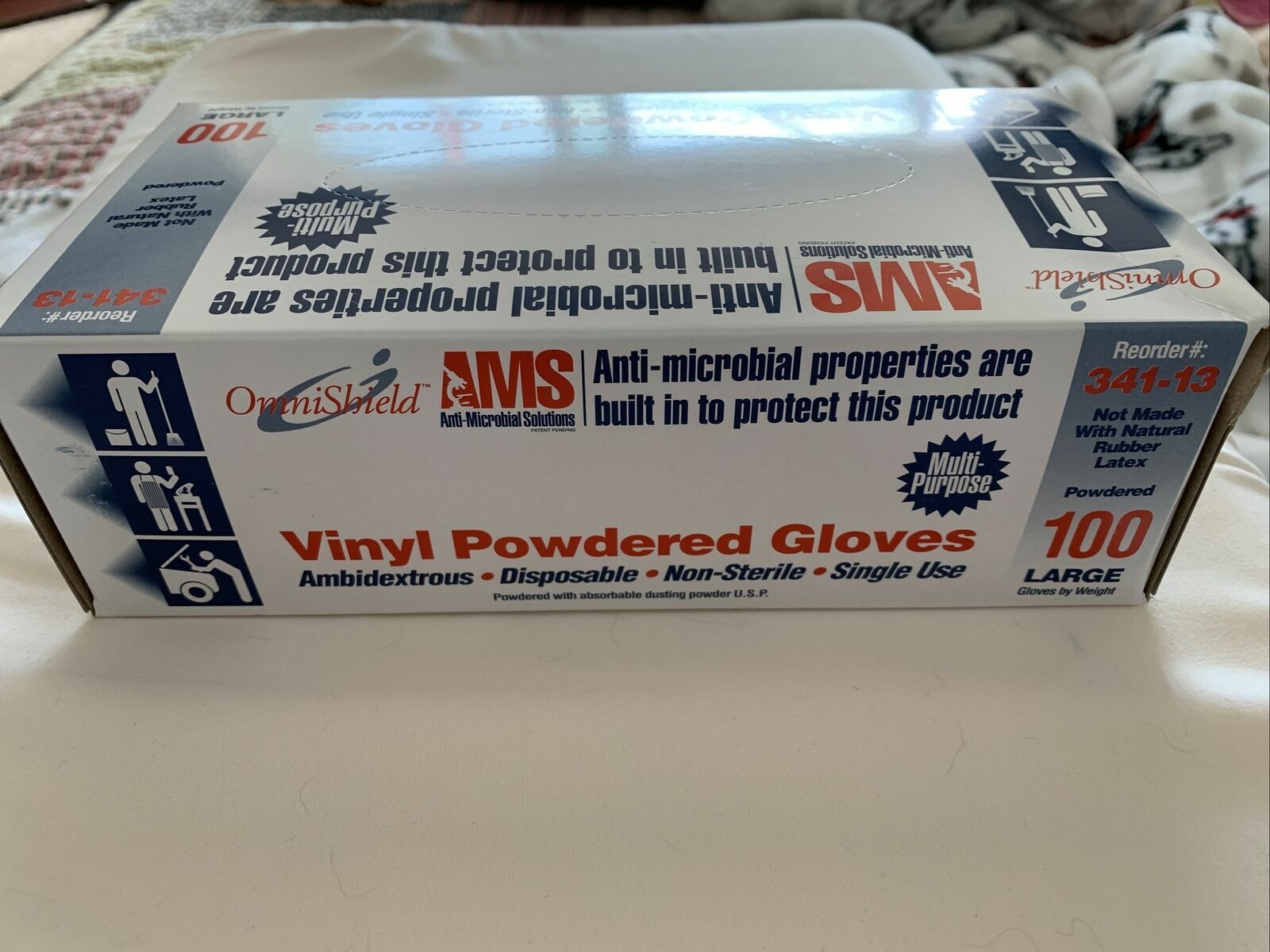 Omni Shield AMS Vinyl Powdered 1 box of 100 gloves Anti Microbial Large 341-13