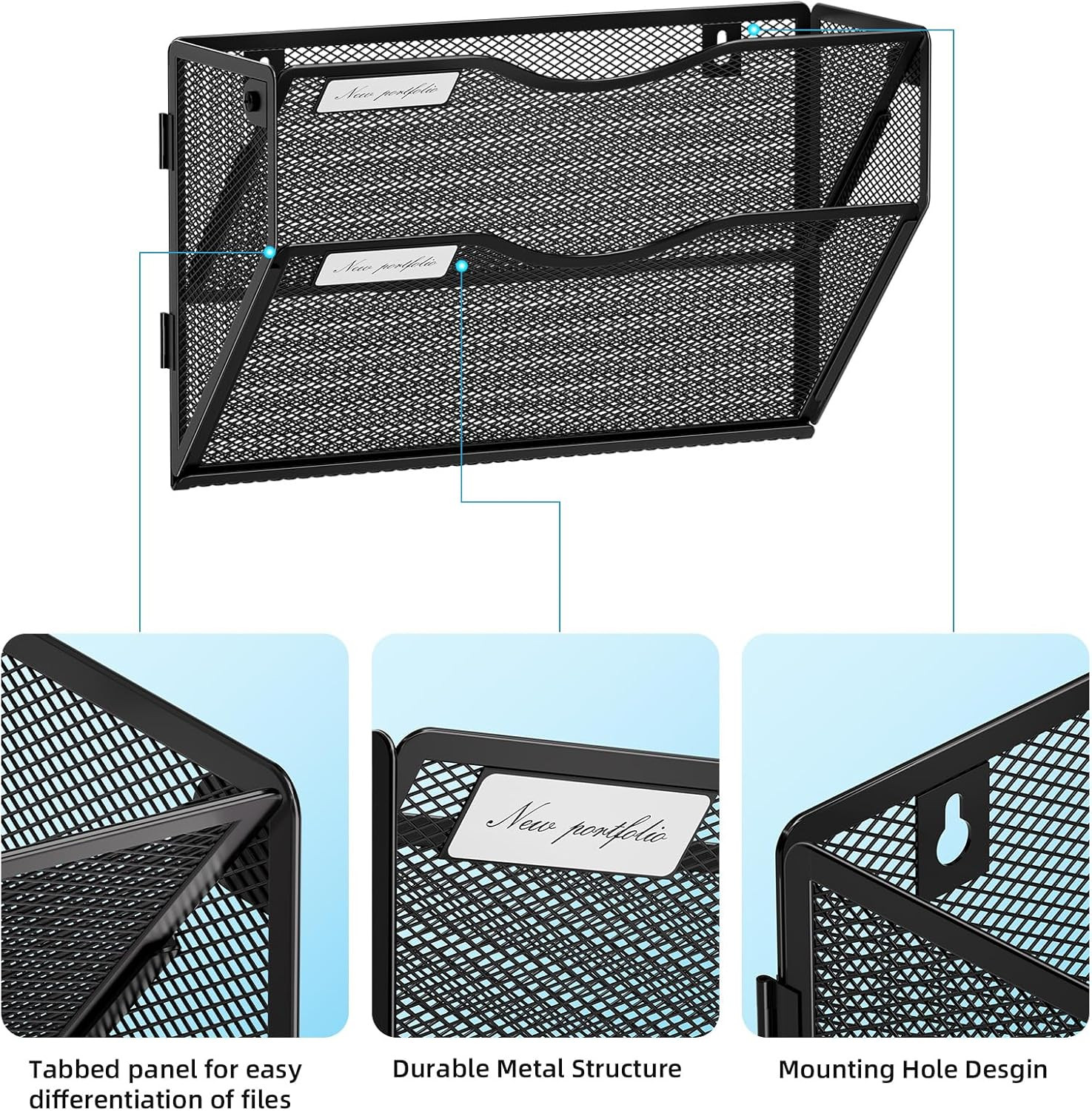 2 Tier Wall File Organizer Mesh Hanging Mail Holder Office Home Black Storage