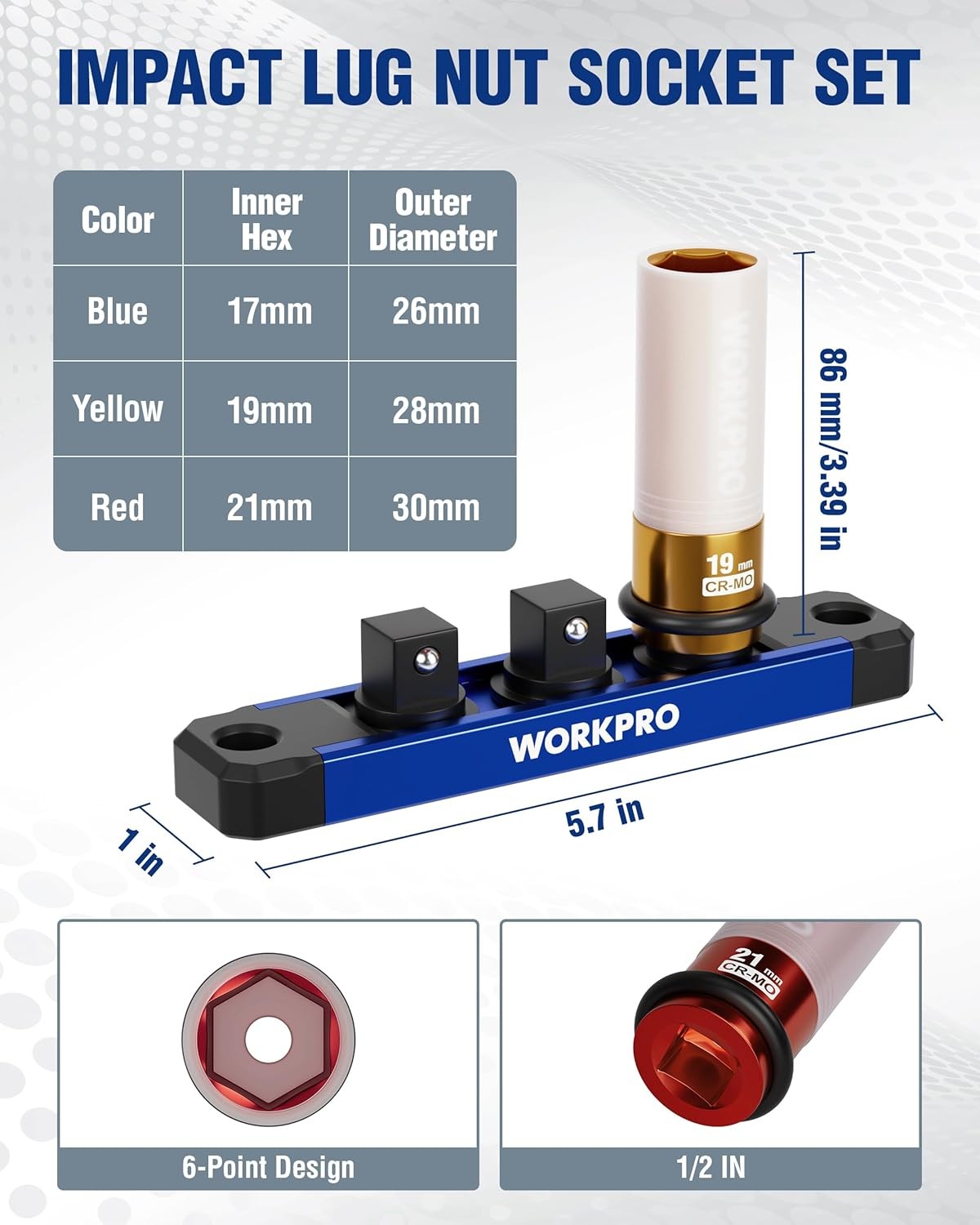 WORKPRO 3PC 1/2″ Drive Lug Nut Impact Socket Set Deep Thin Wall Socket 17-19-2mm