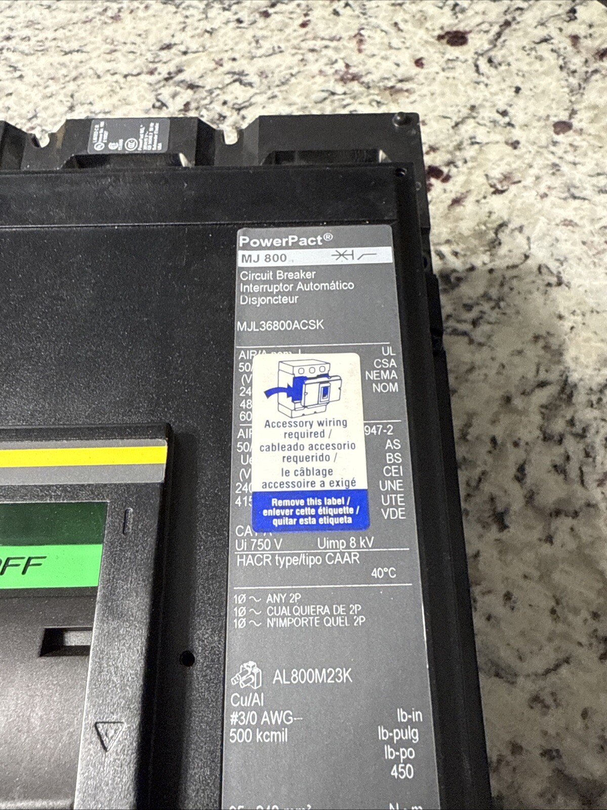 Square D MJL36800 MJL36800ACSK 800A 3-Pole PowerPact Circuit Breaker