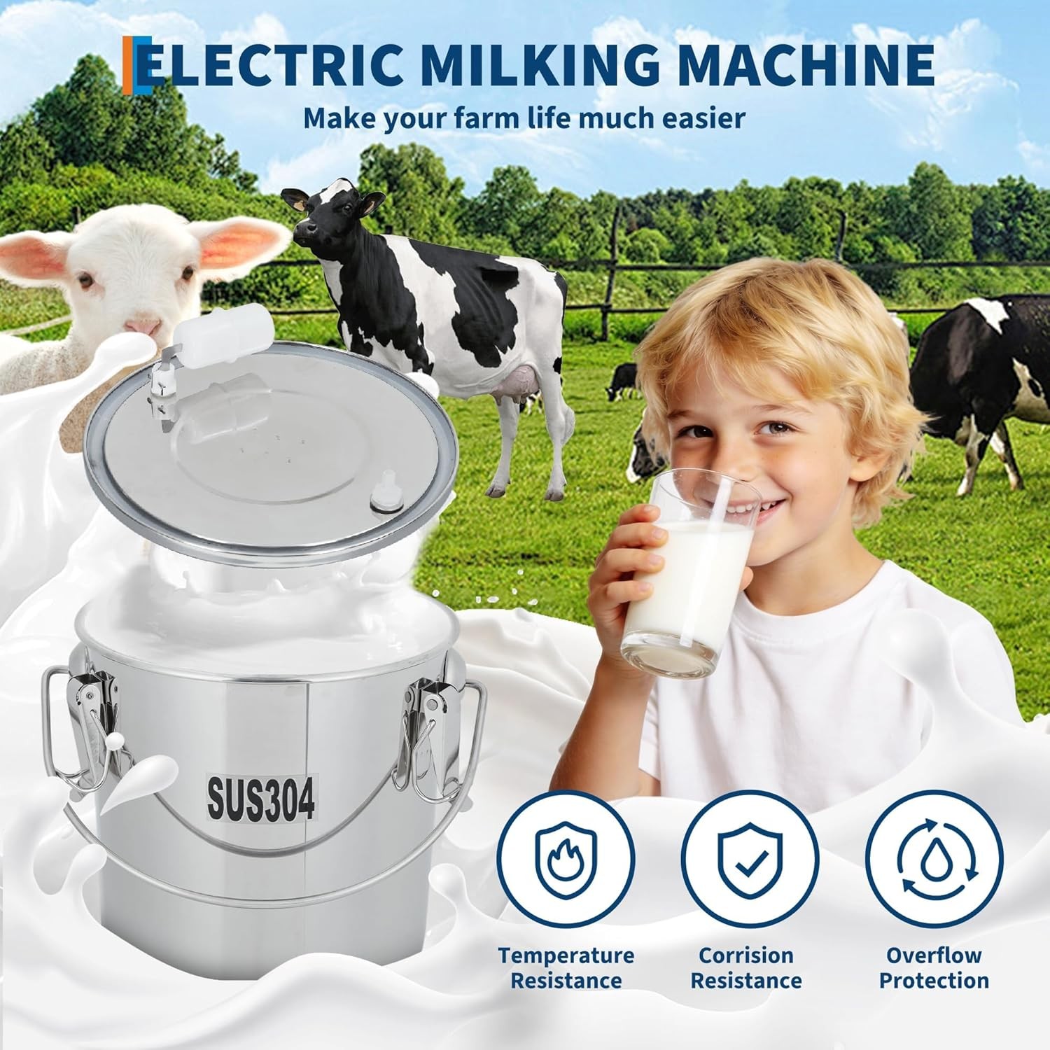 Portable Electric Milking Machine w/ Battery, 45-50kPa Vacuum, 12L for Farm Use