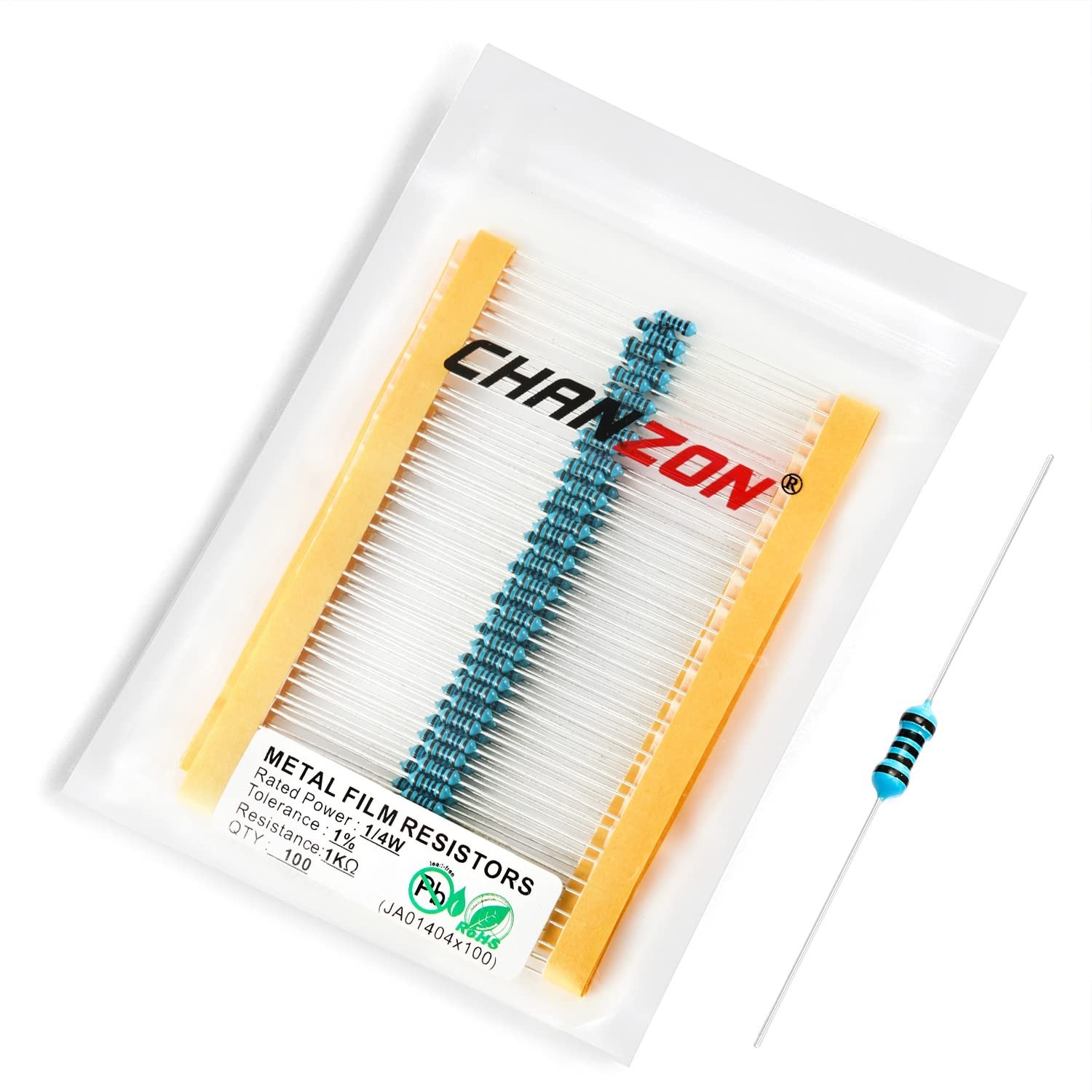 100pcs 1K 1000 Ω ohm Resistor 1/4W 0.25W Metal Film Fixed Resistor 0.01 ±1% T…
