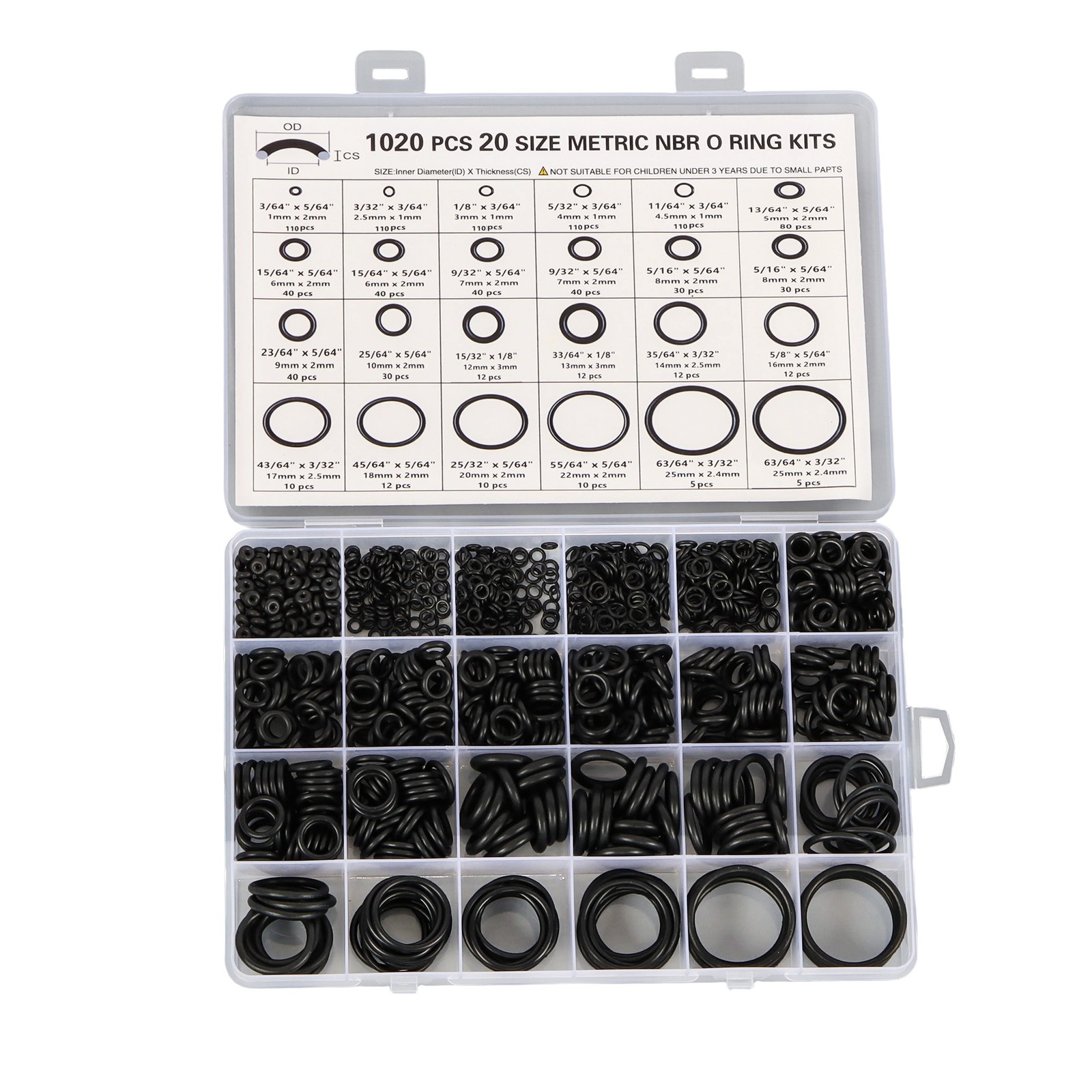 1020 Pcs O-Ring Kit 20 Sizes Nitrile Rubber Assortment Set, Oil & Heat Resistant