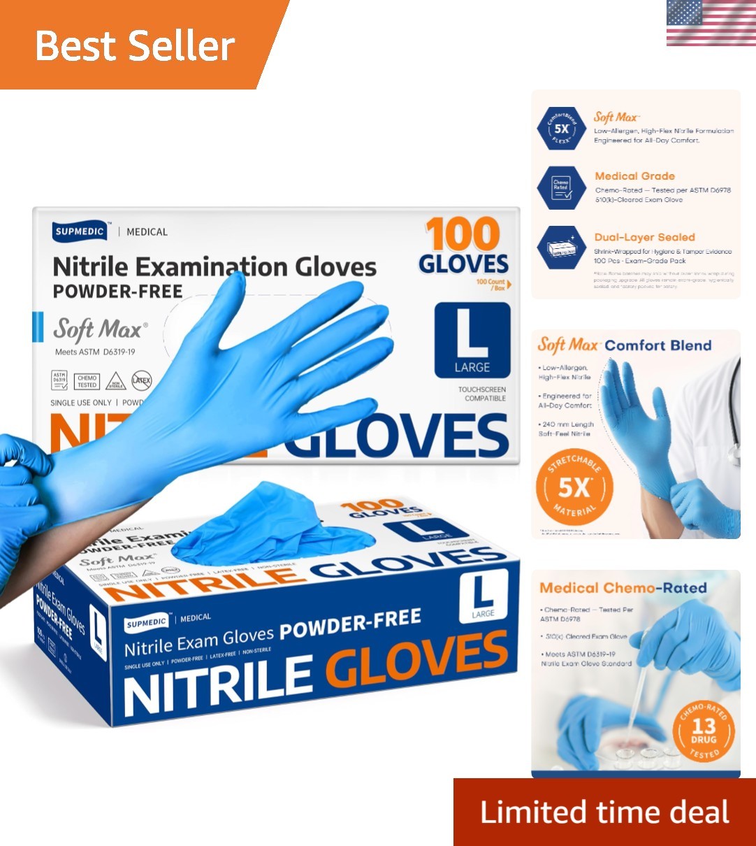Medical Soft Max Nitrile Exam Gloves, 100 Count Latex-Free Powder-Free Non-St…