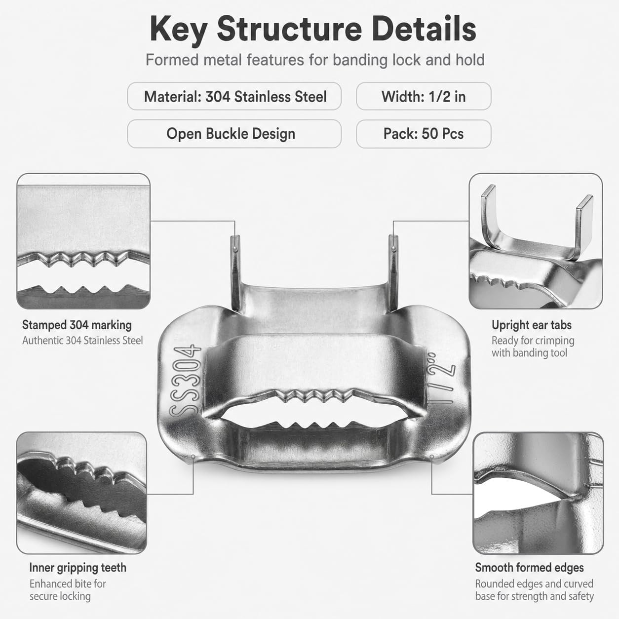 50Pcs 1/2″ 304 Stainless Steel Strapping Buckles Metal Banding Clips Heavy Duty