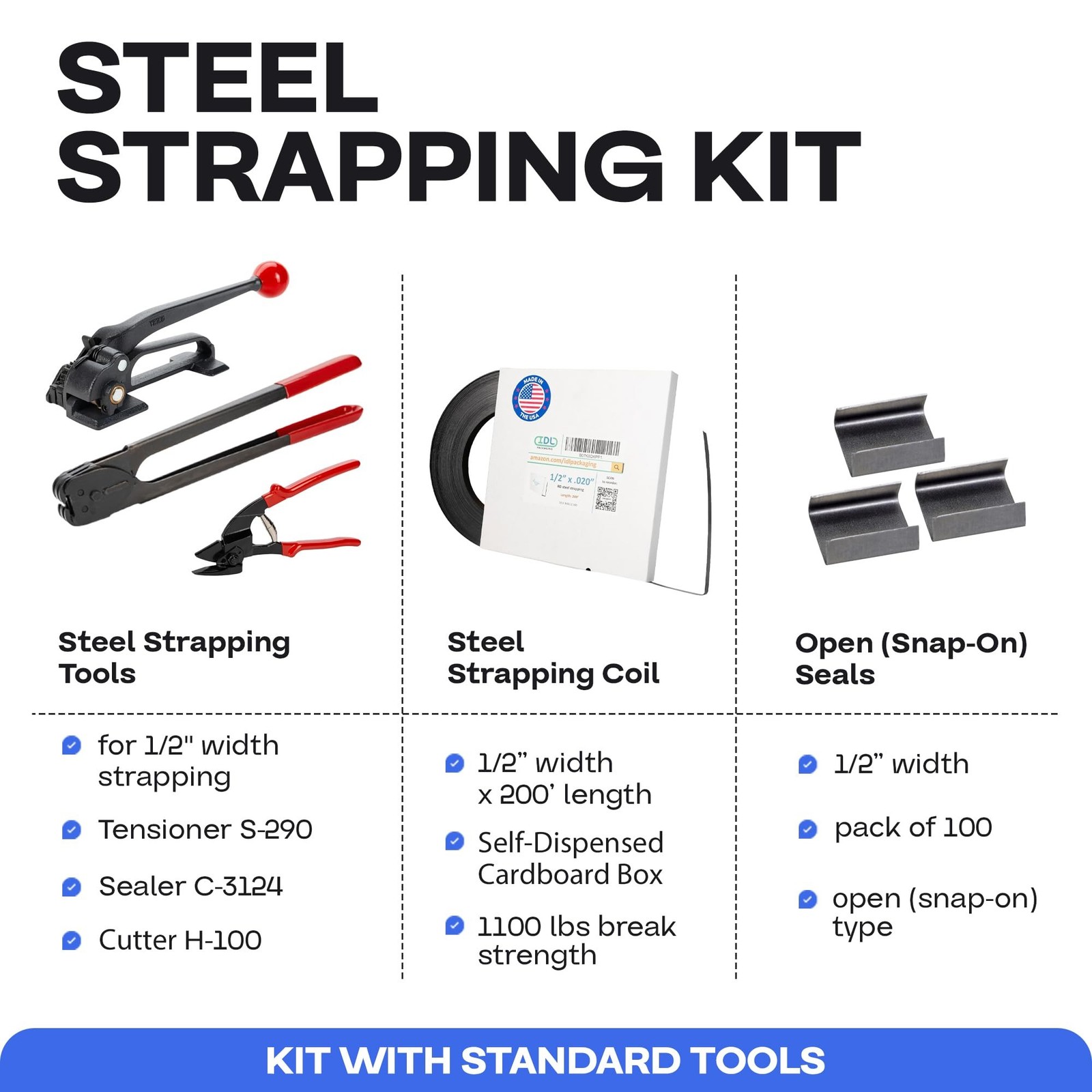 IDL Packaging Portable 1/2″ x 200′ Steel Strapping Kit, 1100 lbs Break Streng…