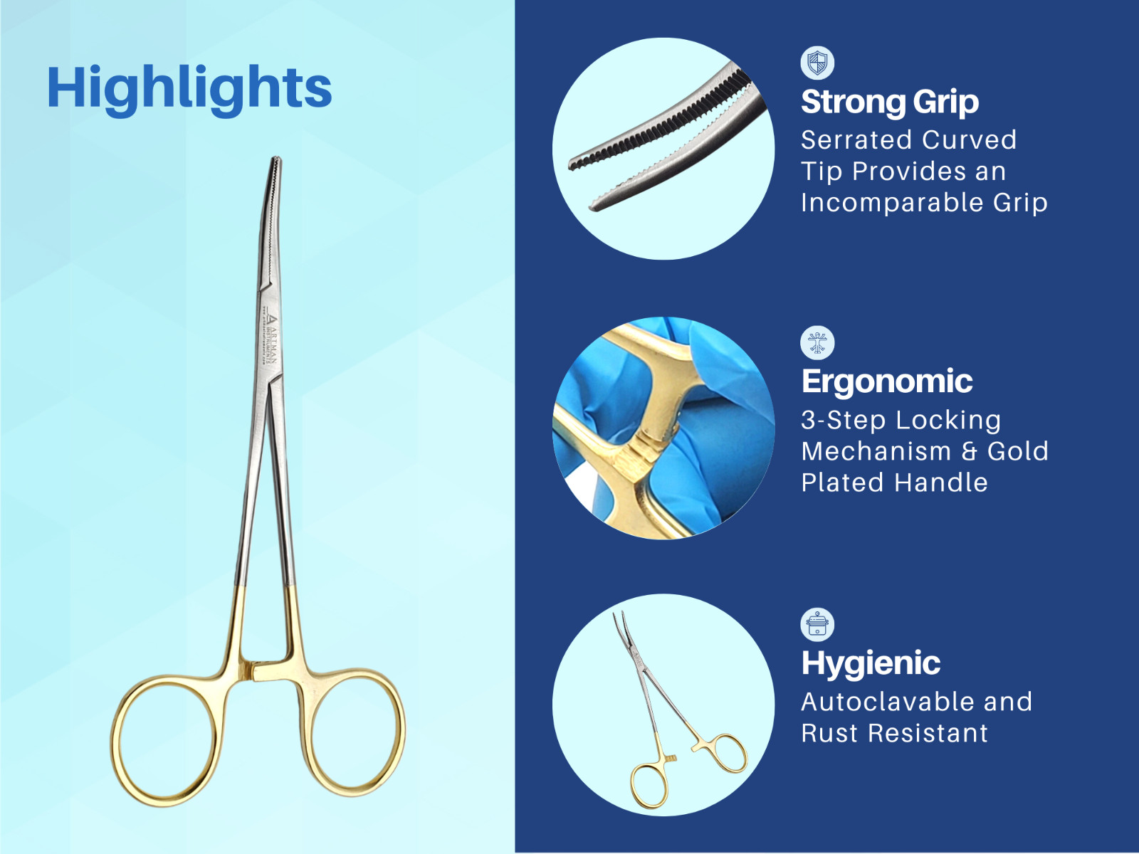 Artery Forceps 6″ Curved Hemostat Mosquitoes Gold Plated Handle ARTMAN