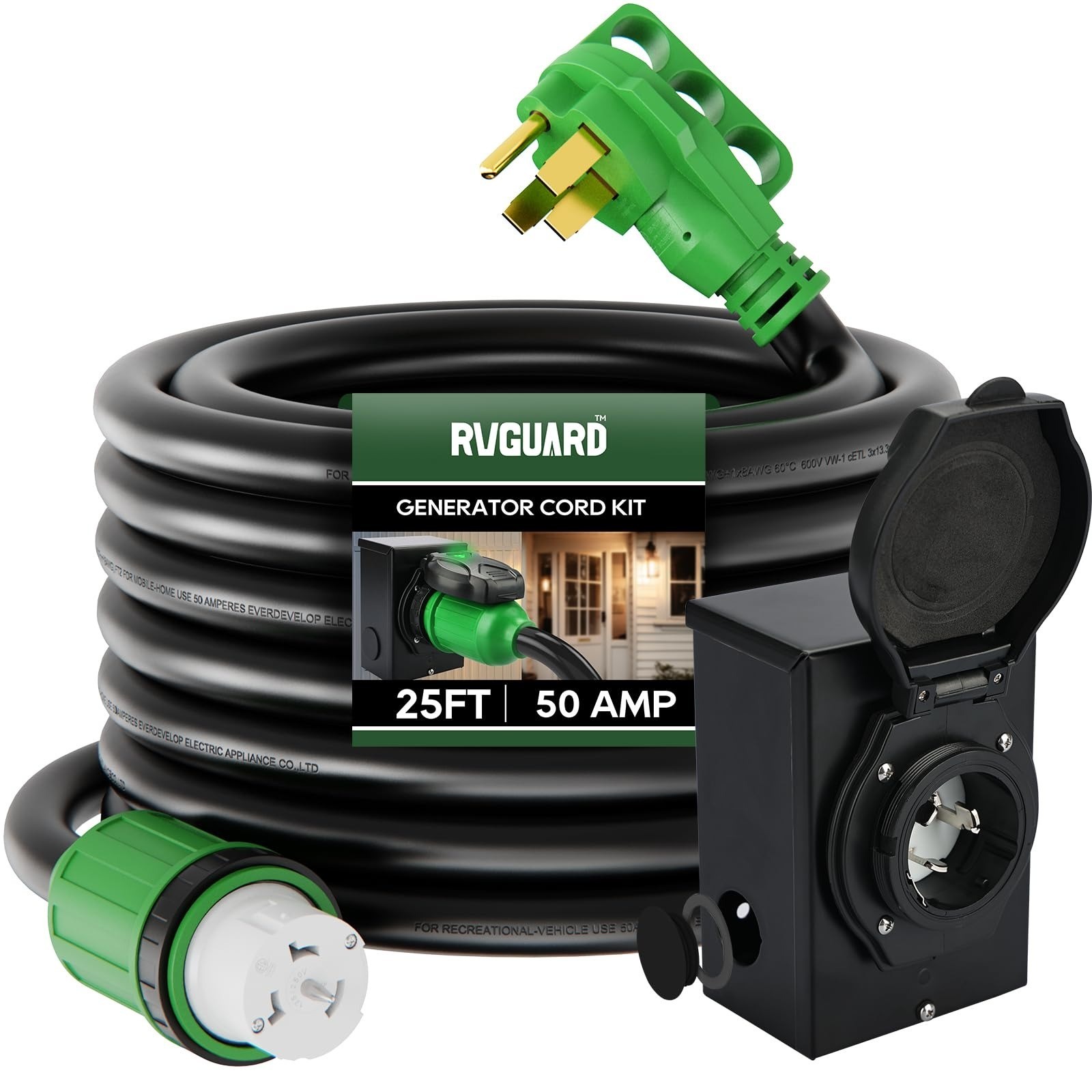 RVGUARD 50 Amp Generator Inlet Box & 15FT Cord Kit – ETL Listed