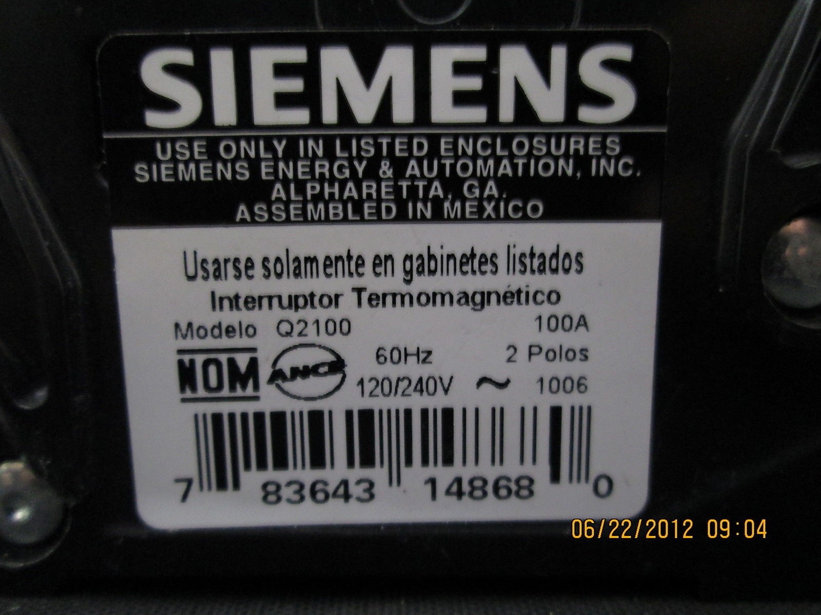 Siemens Circuit Breaker Q2100 100 amps