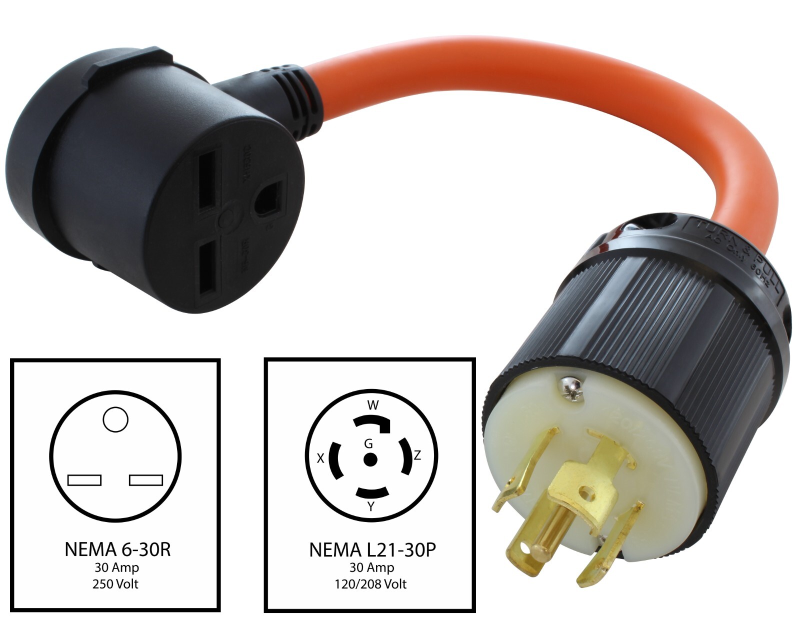 30A 120/208V NEMA L21-30P to 30A 250V NEMA 6-30R Flexible Adapter by AC WORKS®