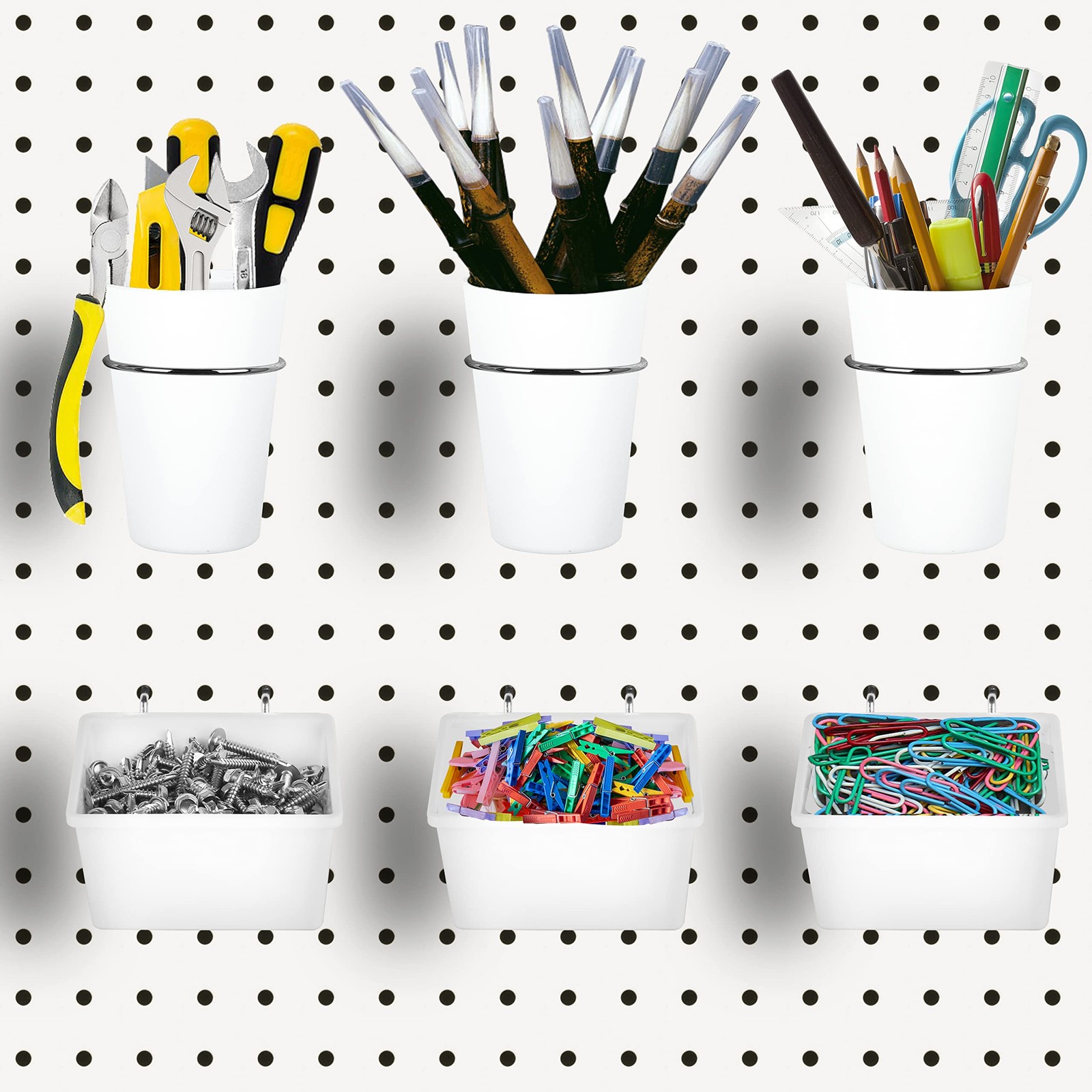 6 PCS White Pegboard Bins Cups With Hooks Loops Accessory Storage Organizer