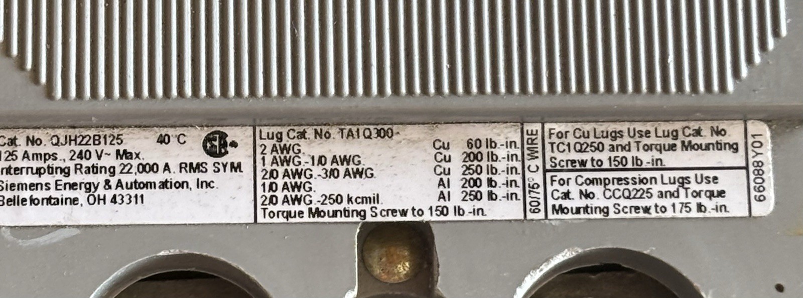 SIEMENS QJH22B125 125A 240V 2 POLE 22KAIC CIRCUIT BREAKER-WARRANTY SHIP SAME DAY