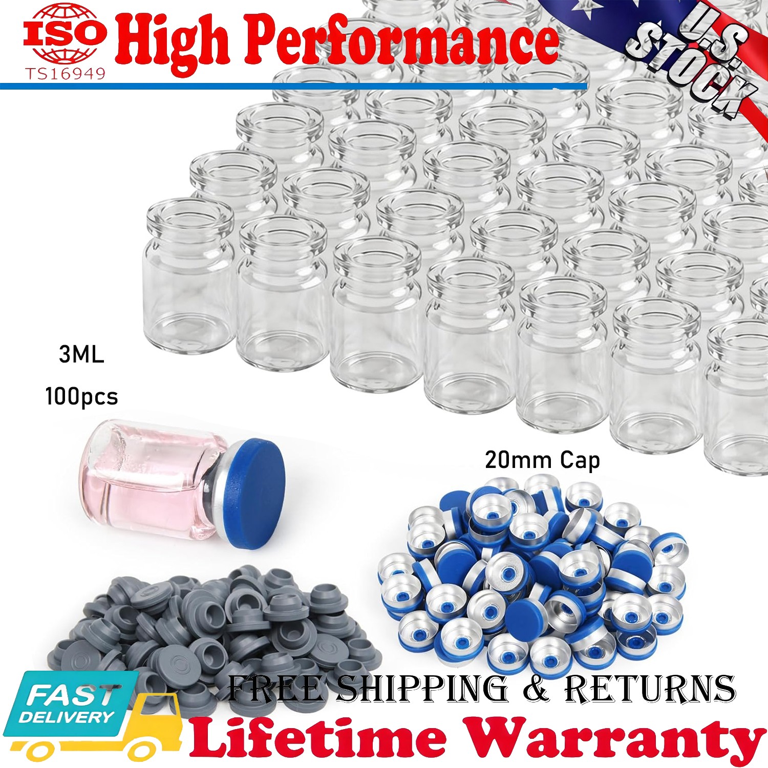 100pcs 3ml Vials-Glass Clear Bottom Headspace Vial with Plastic-Aluminum Fli…