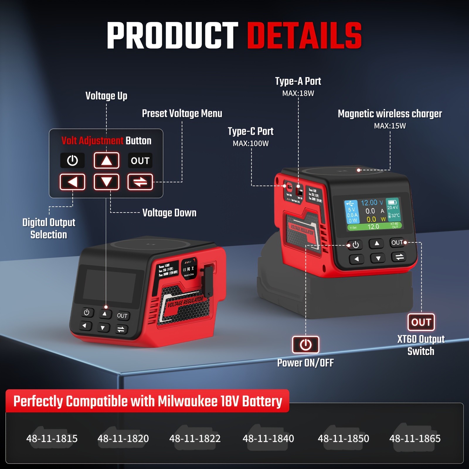 300W Adjustable DC Power Supply for Milwaukee 18V Battery 2-30V Output