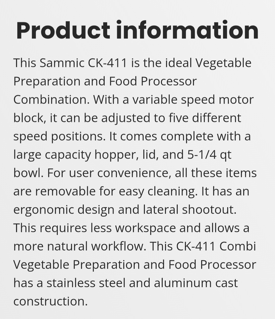 Sammic CA-411 VV Vegetable Processor 400-1300 lbs per hr Pre-owned