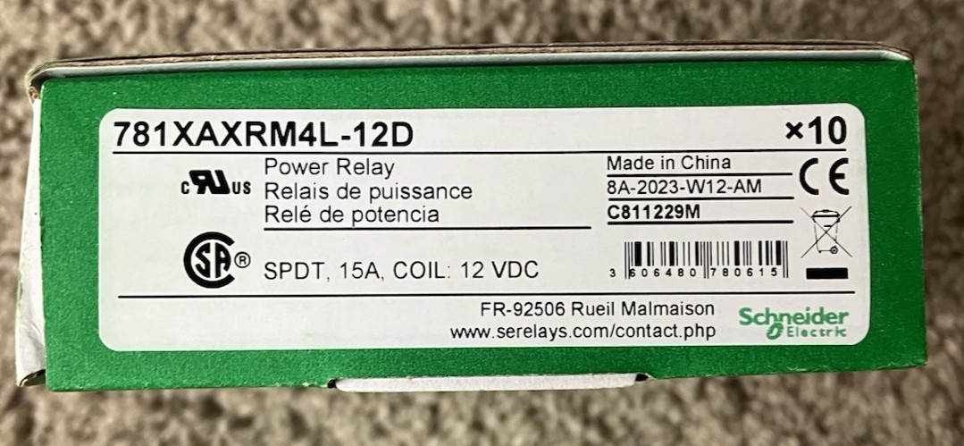 Schneider 781XAXRM4L-12D Power Relay, 15 Amp, 12 VDC Coil, SPDT **QTY**