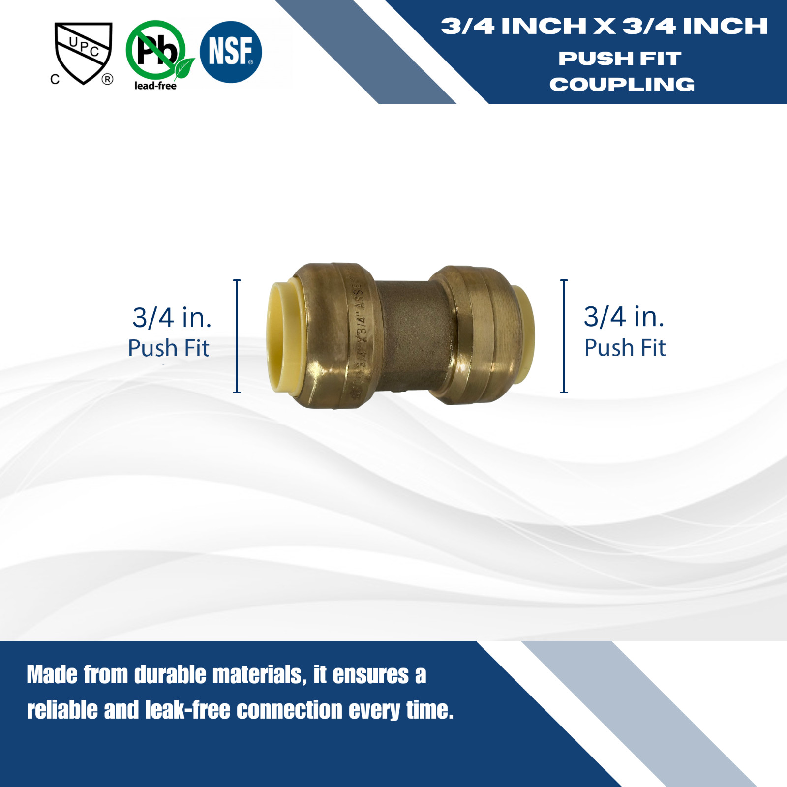 12 Pcs 3/4″ x 3/4″ Push Fit Coupling, Lead Free Brass