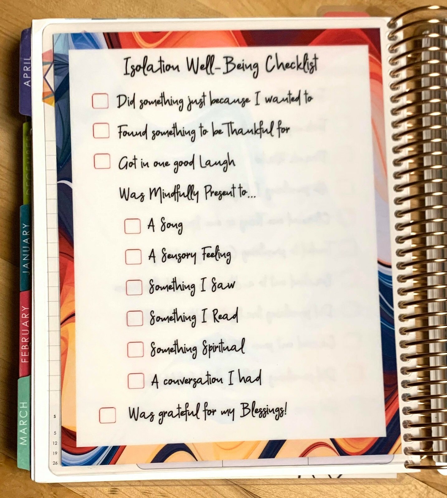 Isolation Well-Being Checklist Dashboard Insert 4 use with Erin Condren Planner