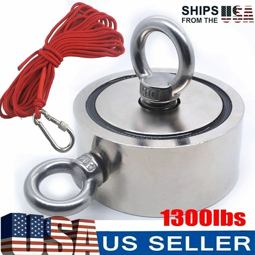 1300lbs Pull Force Fishing Magnet Kit Strong Neodymium Rope with Carabiner US