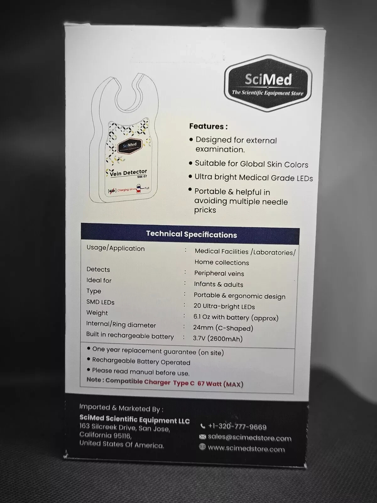 SciMed Pocket Vein Finder Viewer RECHARGEABLE 20 Bright LEDs FDA APPROVED