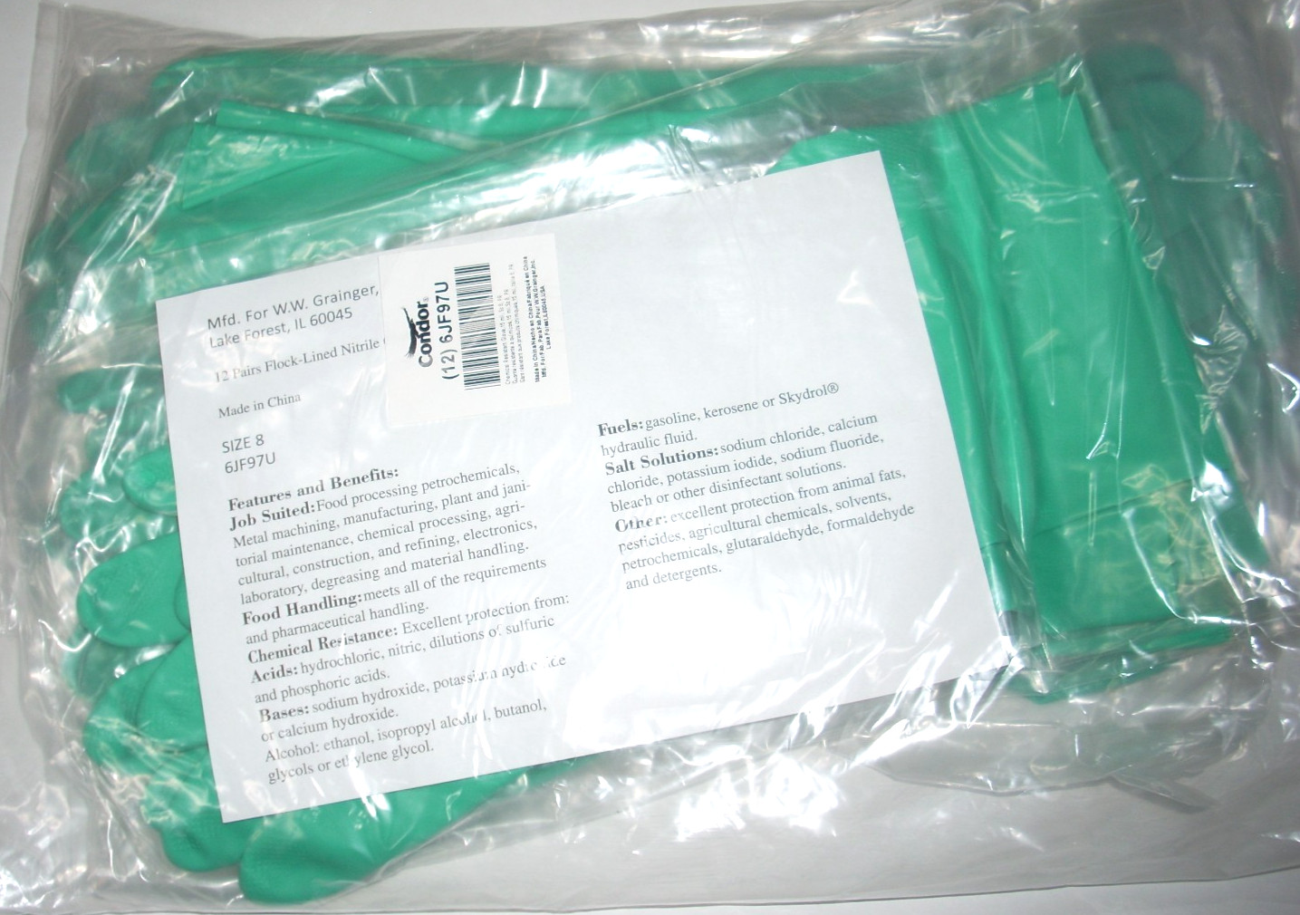 Condor Green Flock Lined Nitrle Gloves 13″ L Textured Palm Medium Dozen 6JF97