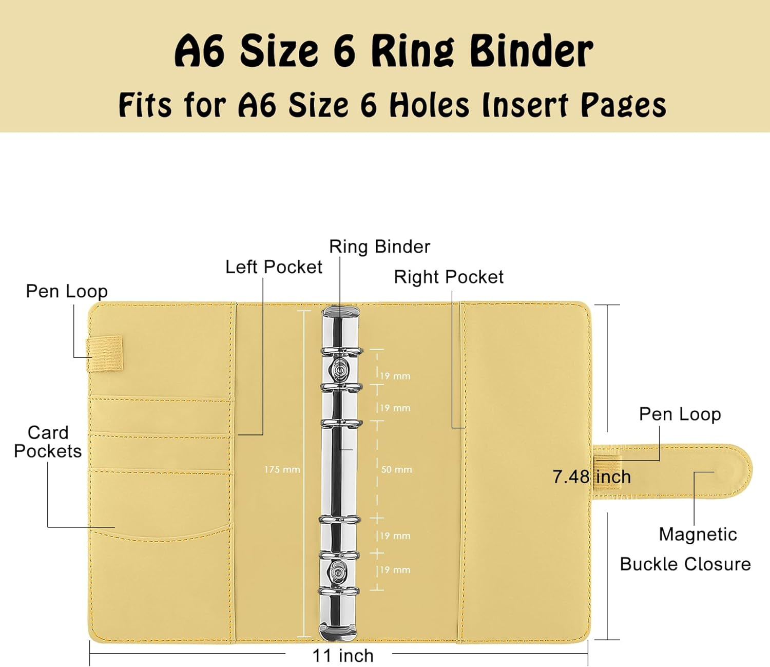 A6 Binder 6 Ring Refillable Notebook Planner Cover for A6 Refill Paper, PU Leath