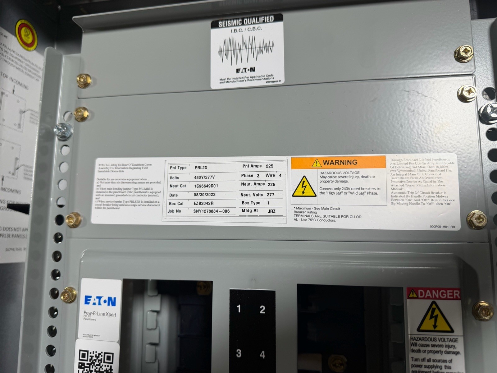 1-EATON PRL2X 225A 480/277V 3P4W MAIN LUG PANELBOARD NEMA 1 SURFACE MOUNT 42″