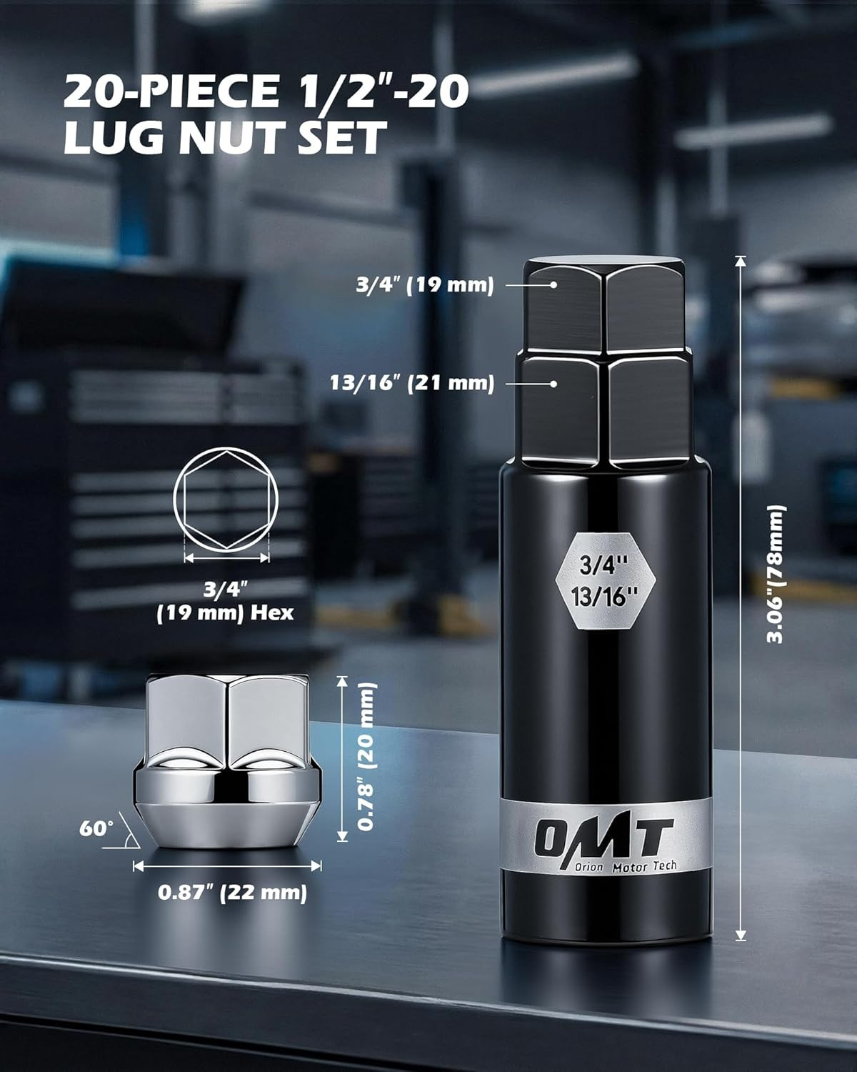1/2″-20 Open End Lug Nuts, 3/4″ 19Mm Hex 0.84X0.9 In. Chrome Plated Wheel Lug Nu