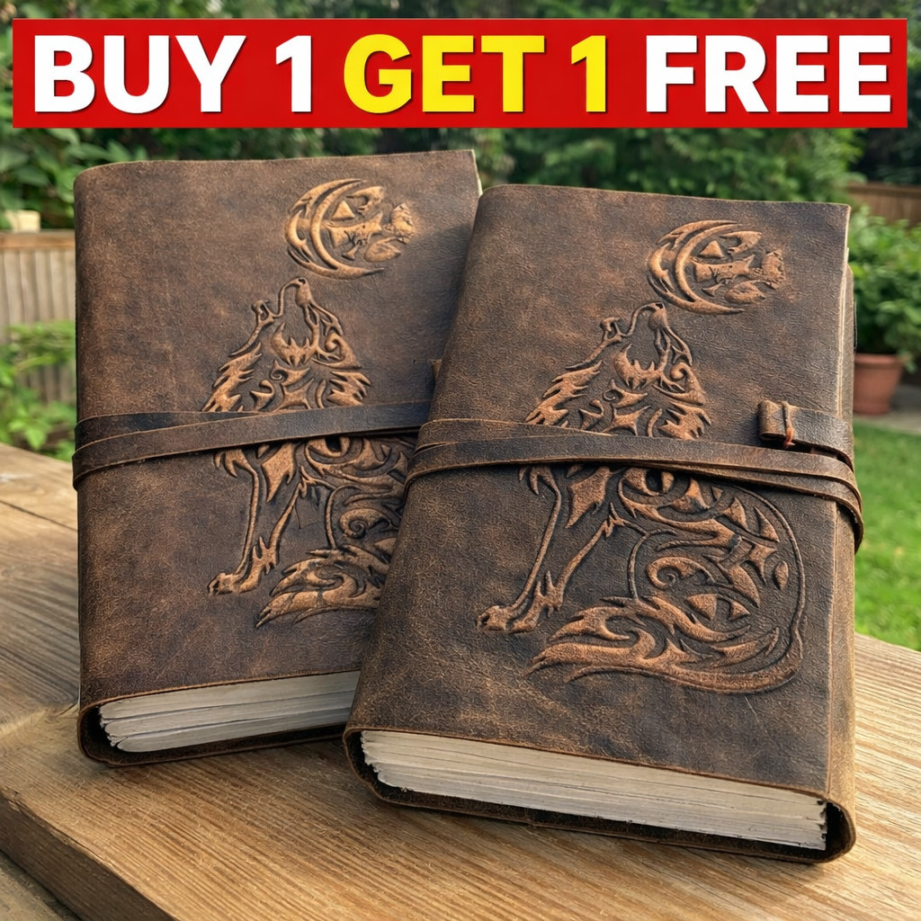 Handmade Leather Journal with Wolf, 200 Unlined Pages Diary | B1G1 Free