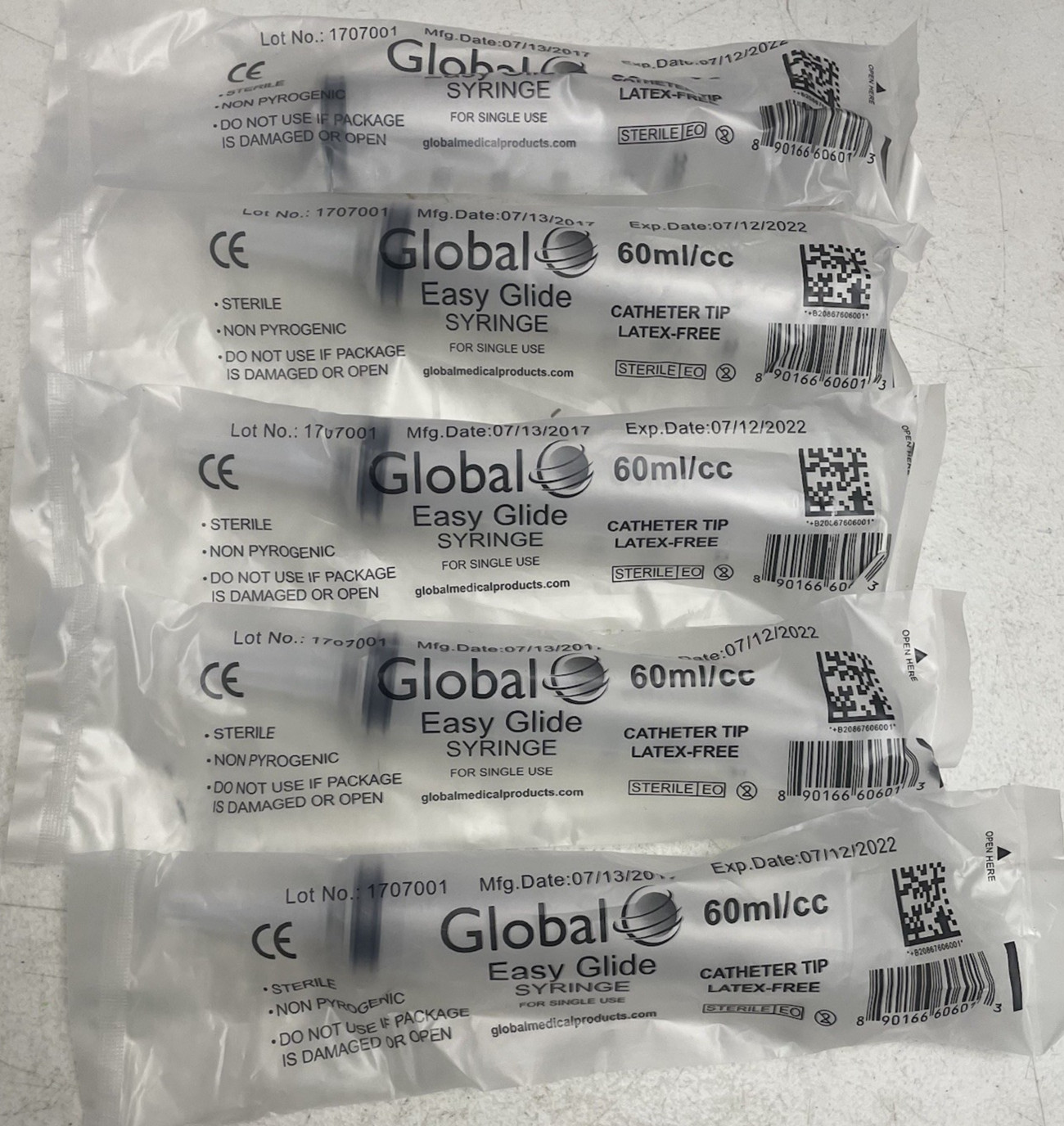 Global Easy Glide Syringe 60ml/cc Sterile Single Use Catheter Tip Qty.5 – New