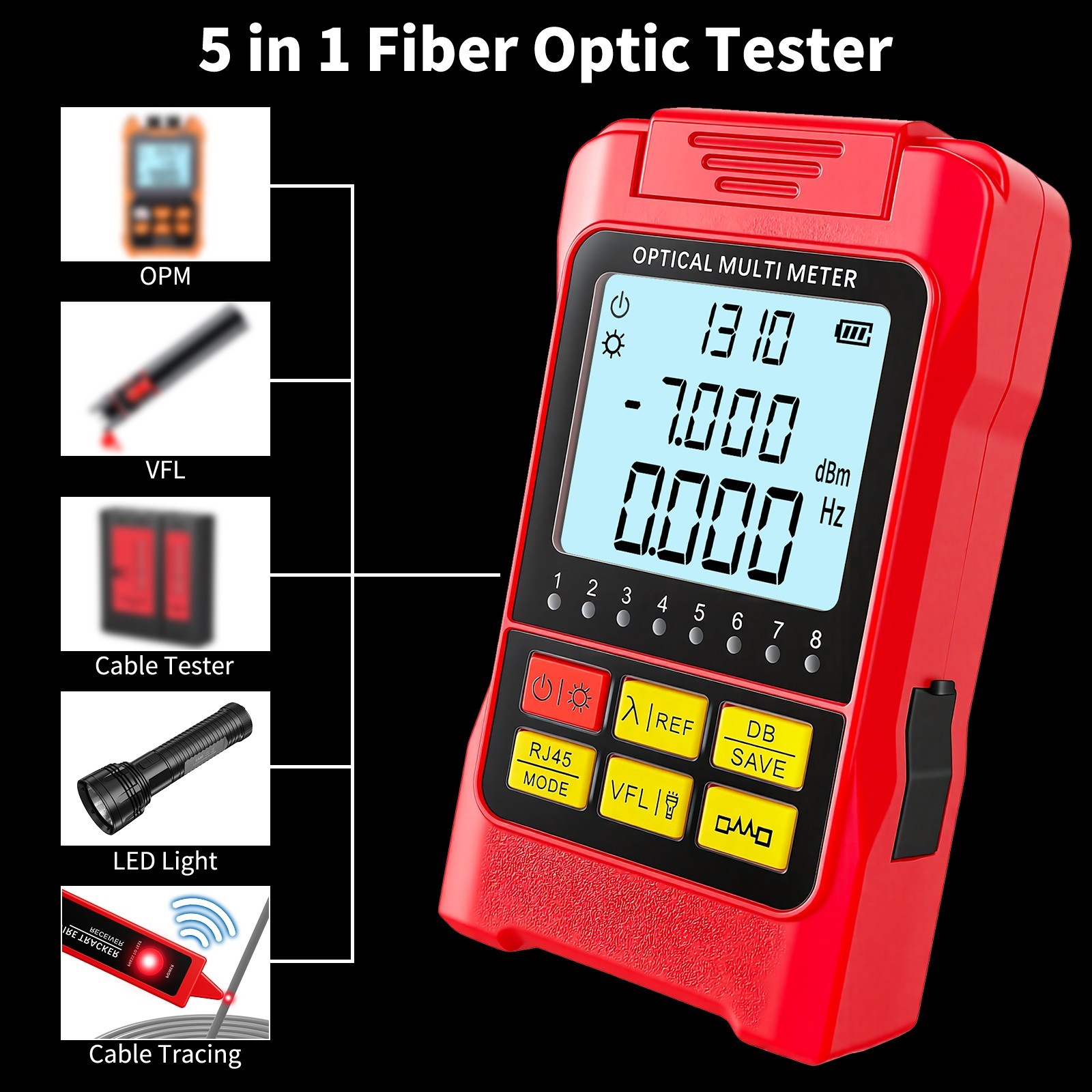 Rechargeable 5-in-1 Fiber Optic Cable Tester OPM VFL RJ45 SC/FC/ST LC