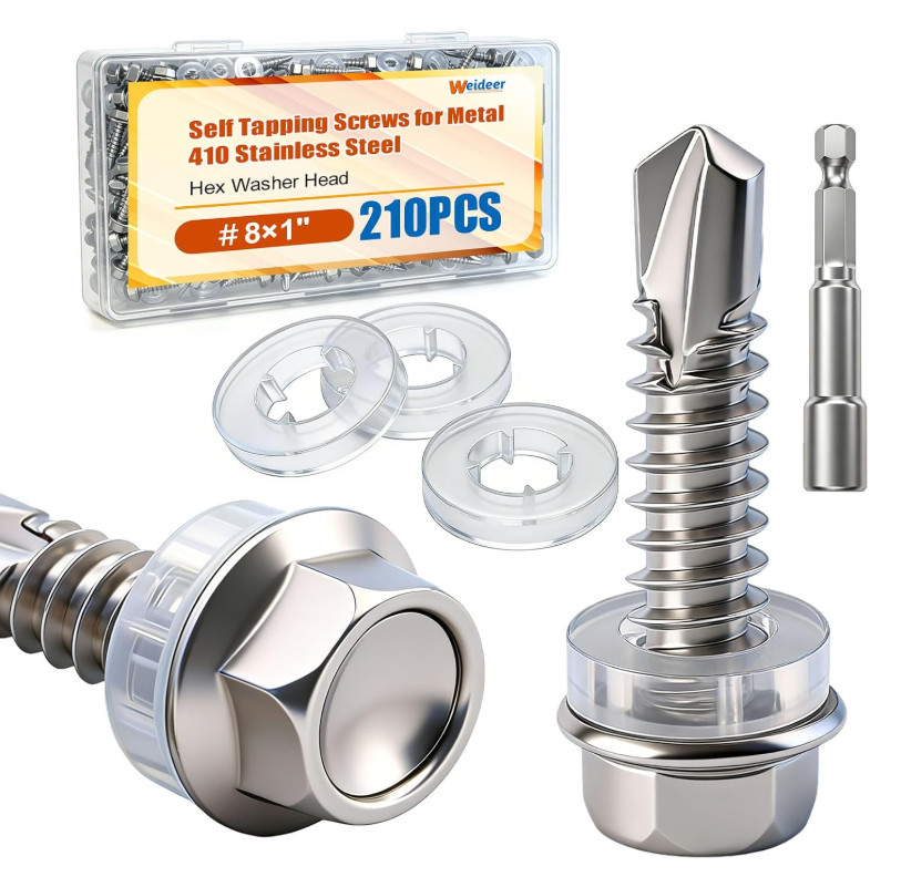 210Pcs ＃8×1″ Self Tapping Screws for Metal,410 Stainless Steel,Metal Screws Self