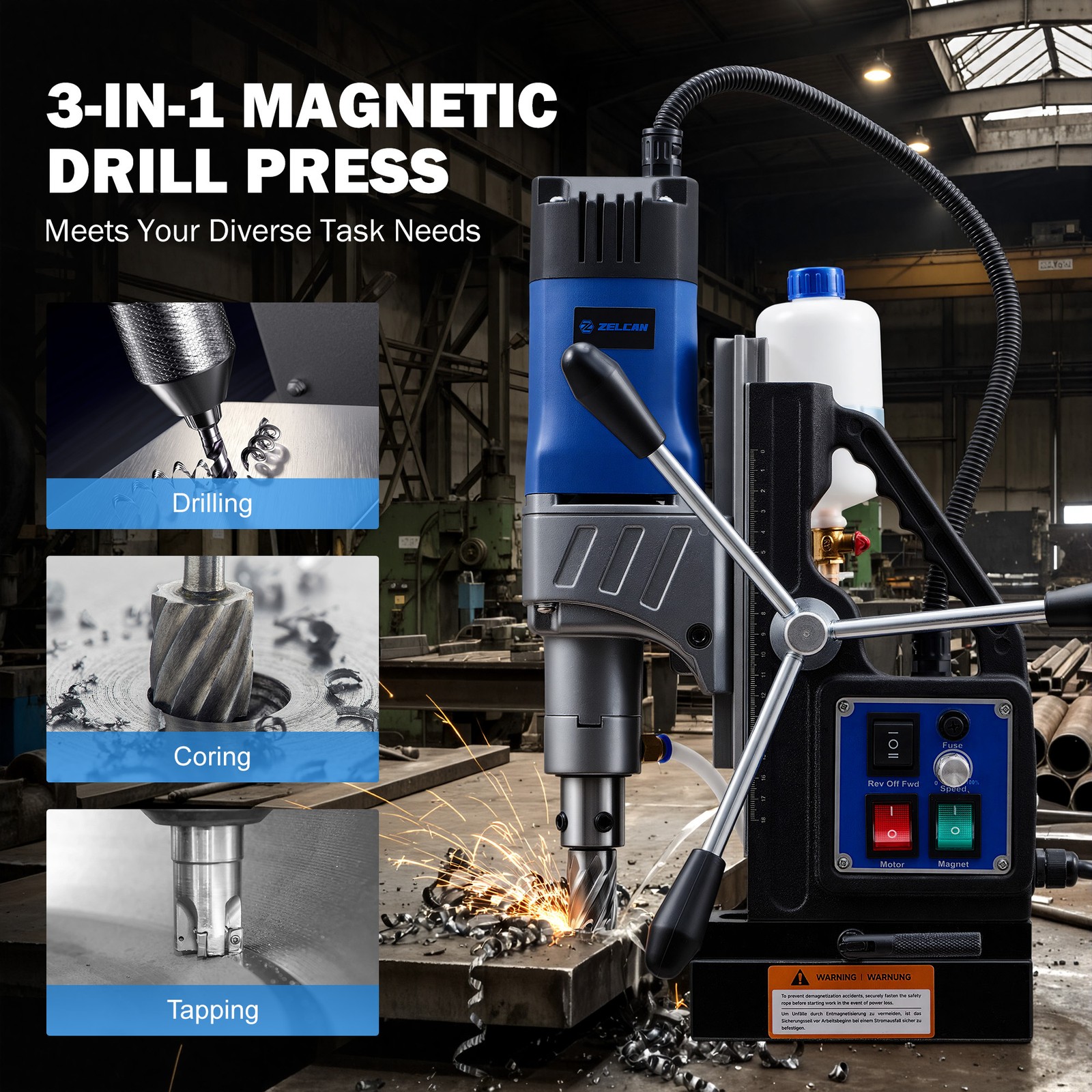 ZELCAN 1550W Magnetic Drill w. 11 Bits Forward/Reverse Drilling Portable US