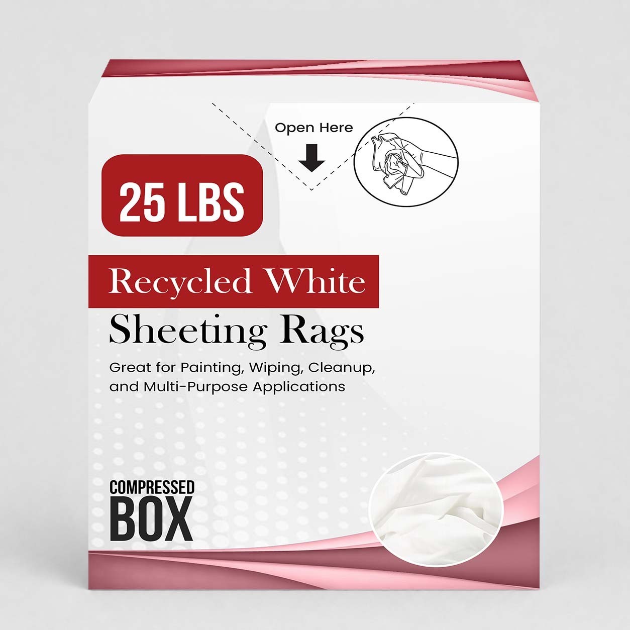 Recycled White Sheeting Cleaning Rags – 50 lbs. Case 2×25 lbs. Compressed Boxes
