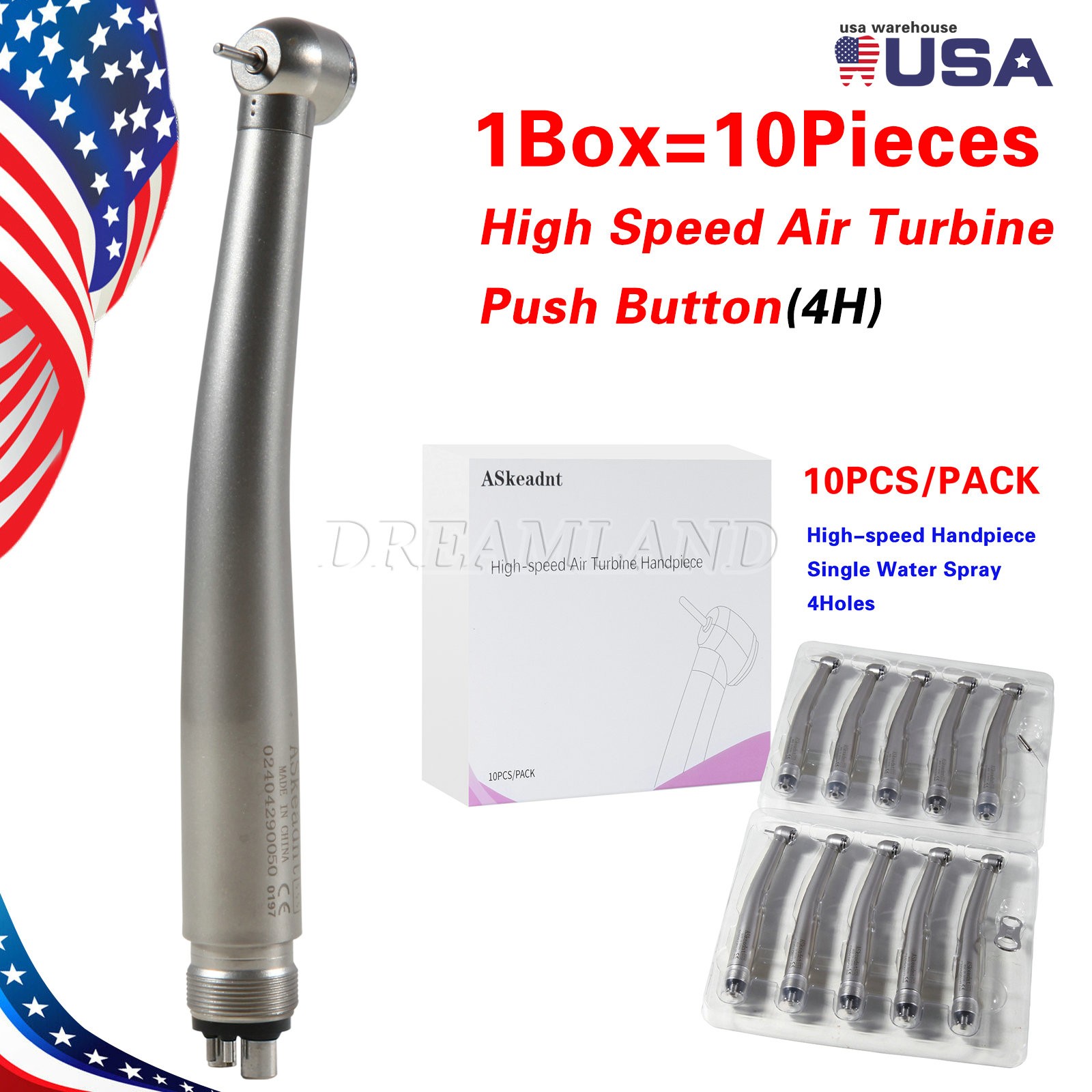 10 Pcs ADA4 NSK PANA MAX Style Dental High Speed Turbine Handpiece Push 4Hole