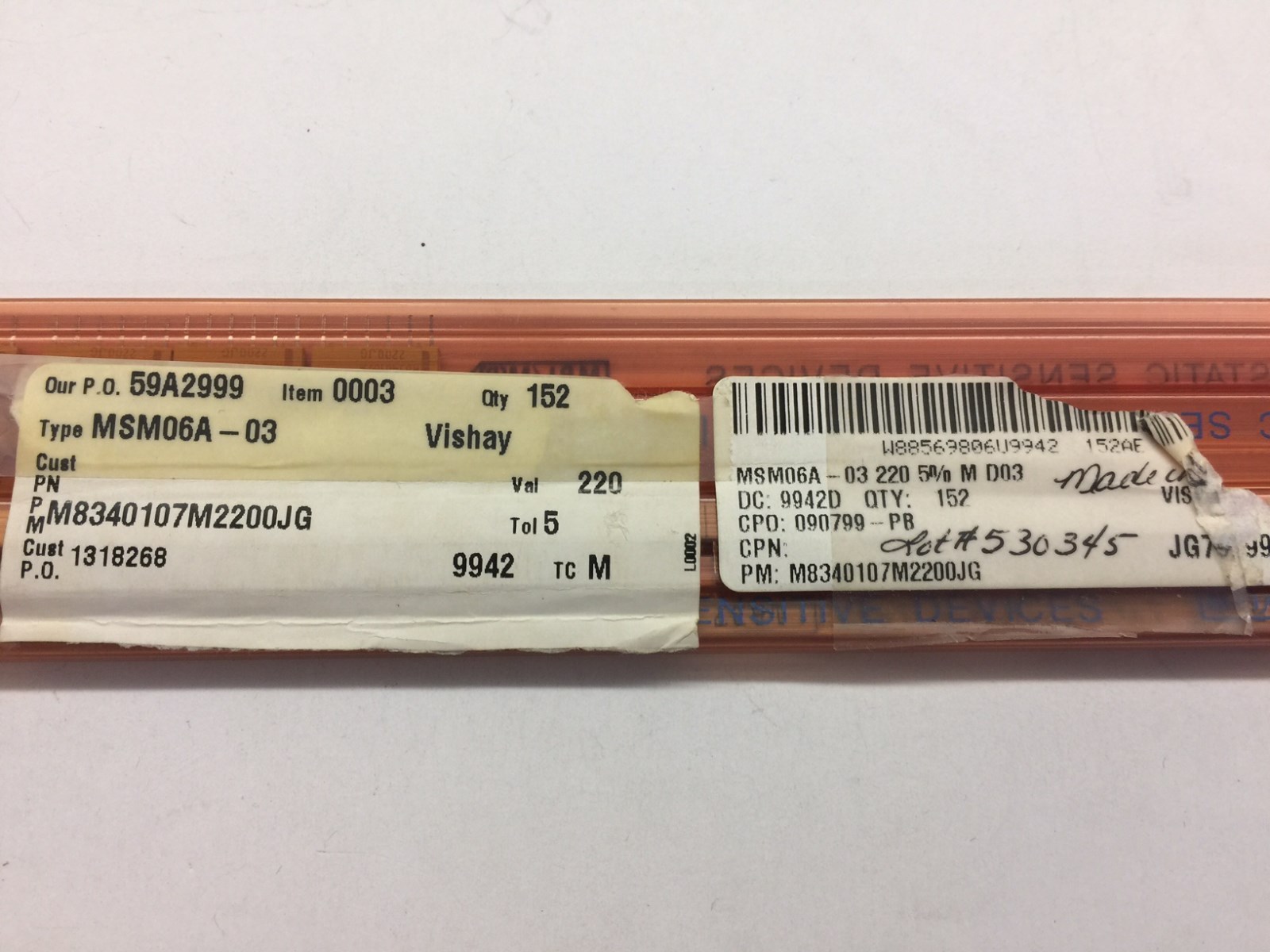 (5 PIECE LOT) M8340107M2200JG Res Thick Film NET 220 Ohm 5% 9/25W ±300ppm/°C