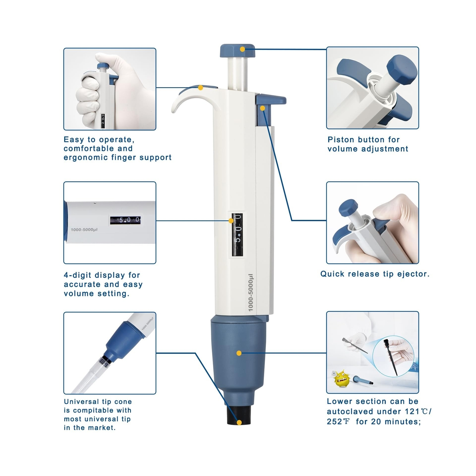 Micropipette 1-5ml, Adjustable Pipettor for Laboratory, Single Channel Lab Pi…