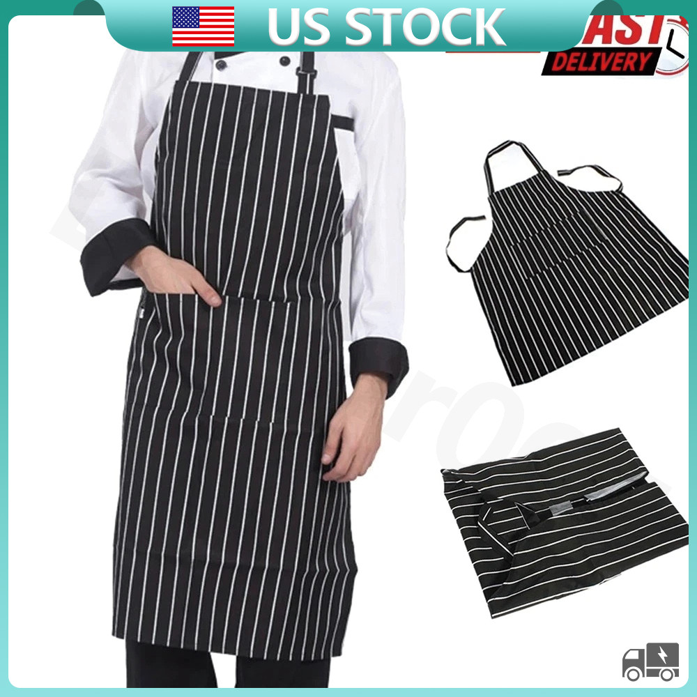 Adjustable Chef Apron with Two Pockets Striped Kitchen Bib For Men and Women