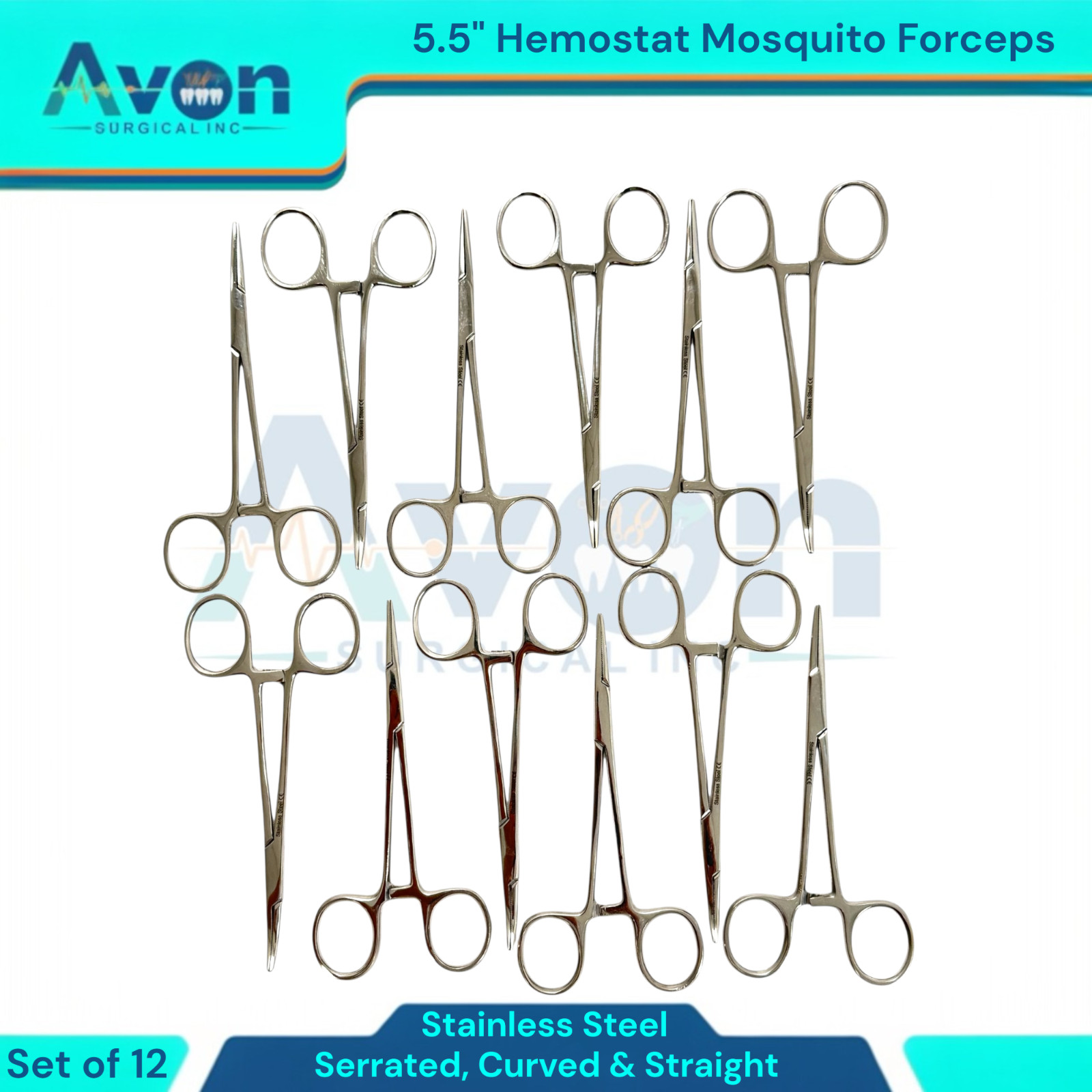 5.5in Hemostat Locking Mosquito Forceps Clamps | Cur+Str, Serrated | 12pc Lot