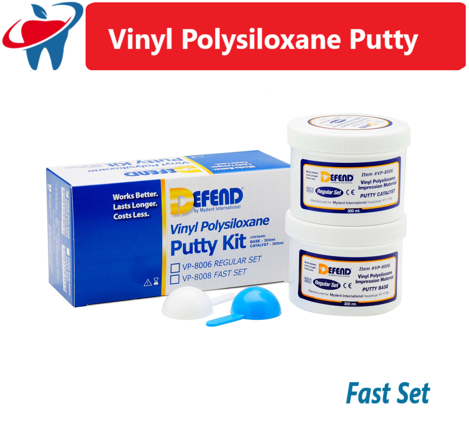 Vinyl Polysiloxane Putty Kit Fast Set. 2×300 mL Jars + 2 scoops Defend #VP-8008