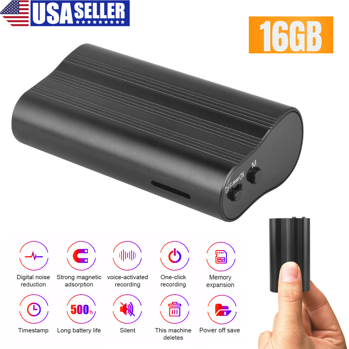 500 Hr 16GB Spy Digital Voice Activated Recorder Mini Audio Magnetic MP3 Player#
