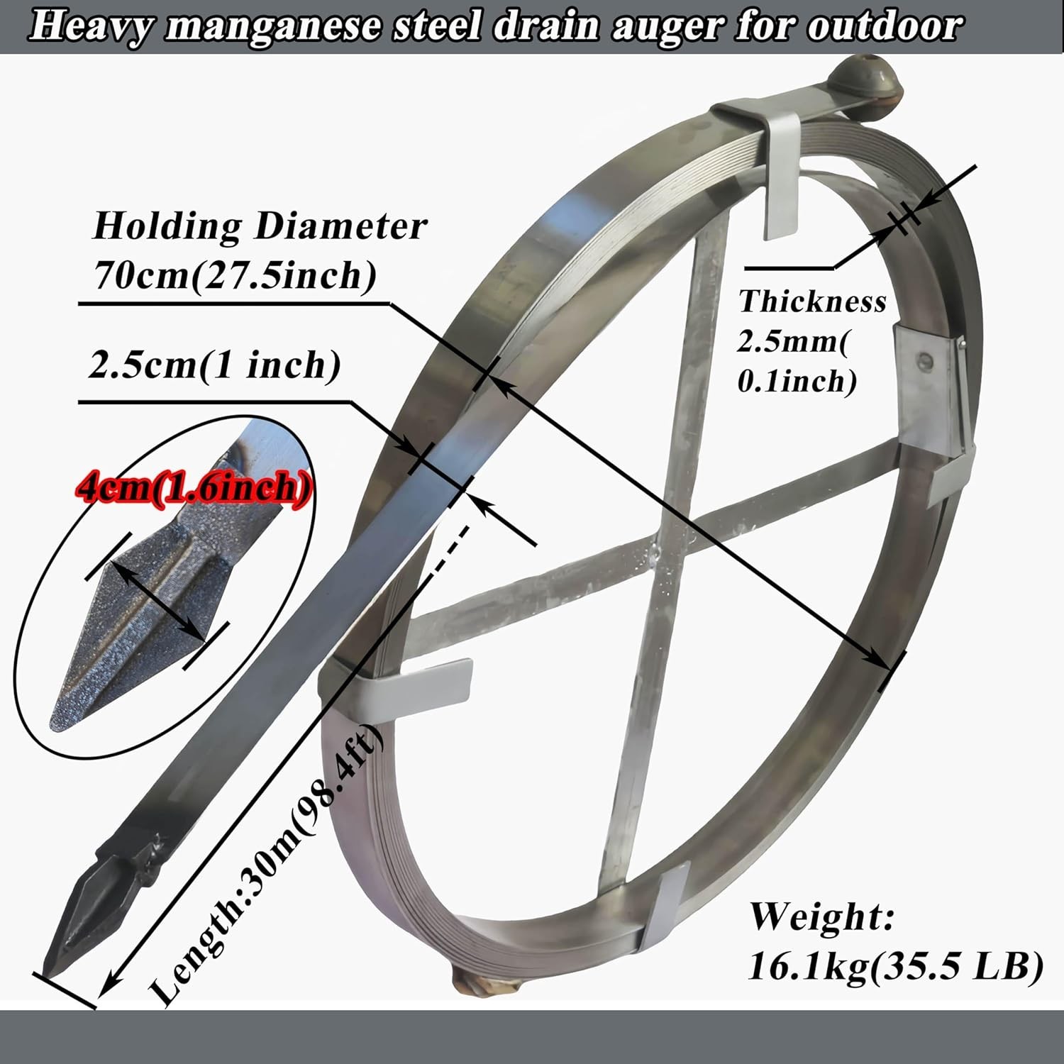 Heavy Duty 30M Sewer Drain Snake Tool – Manganese Steel, Manual, Outdoor Use