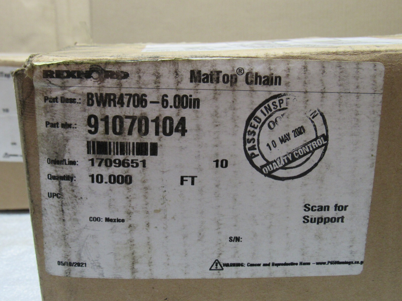 NEW REXNORD MAT TOP CHAIN BWR4706-6.00IN 91070104 6″W 10FT