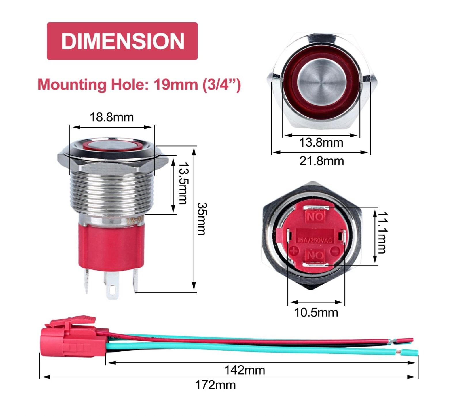 4 Marine Red LED Push Switch Momentary Ring Button Ultra Flush Power Switch 19mm