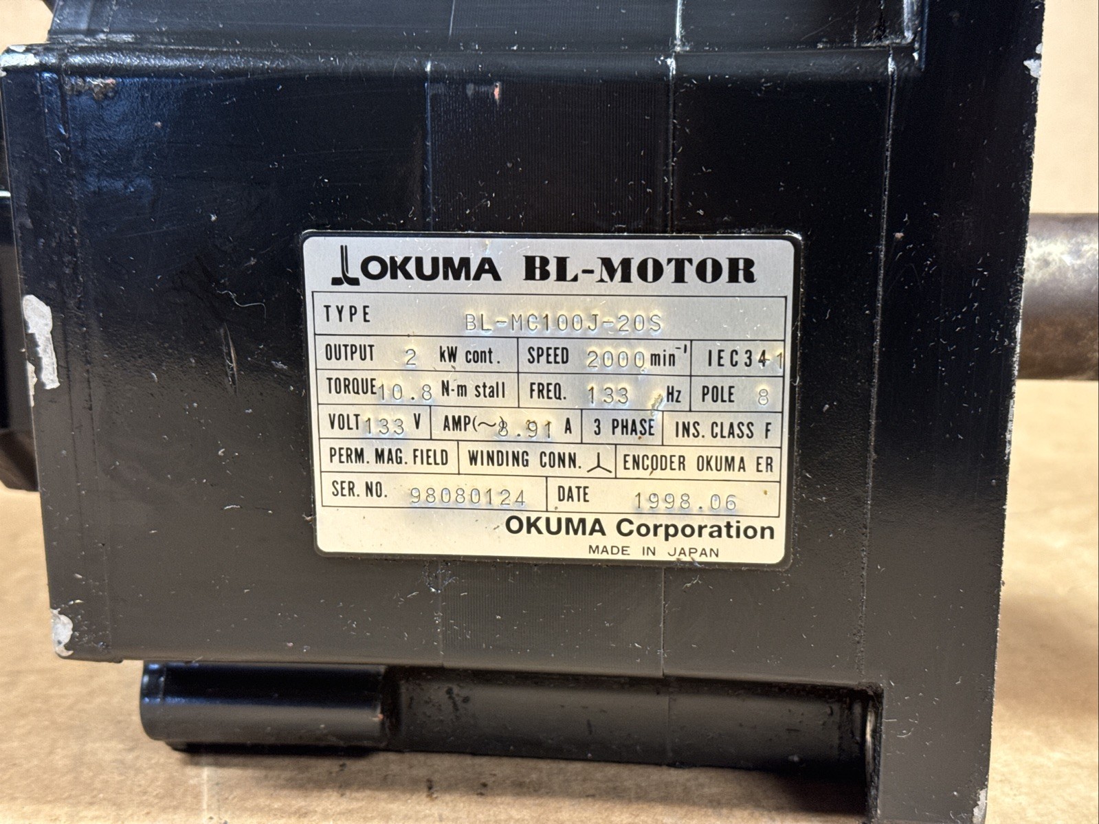 OKUMA BL-MC100J-20S BL Motor 2000RPM 2kW ER-J-7200D WARRANTY FAST SHIPPING