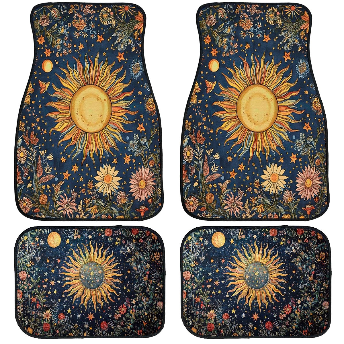 Chhssb Abstract Car Floor Mats Set Of 4 Vintage Sun Moon Star Floral Vibrant